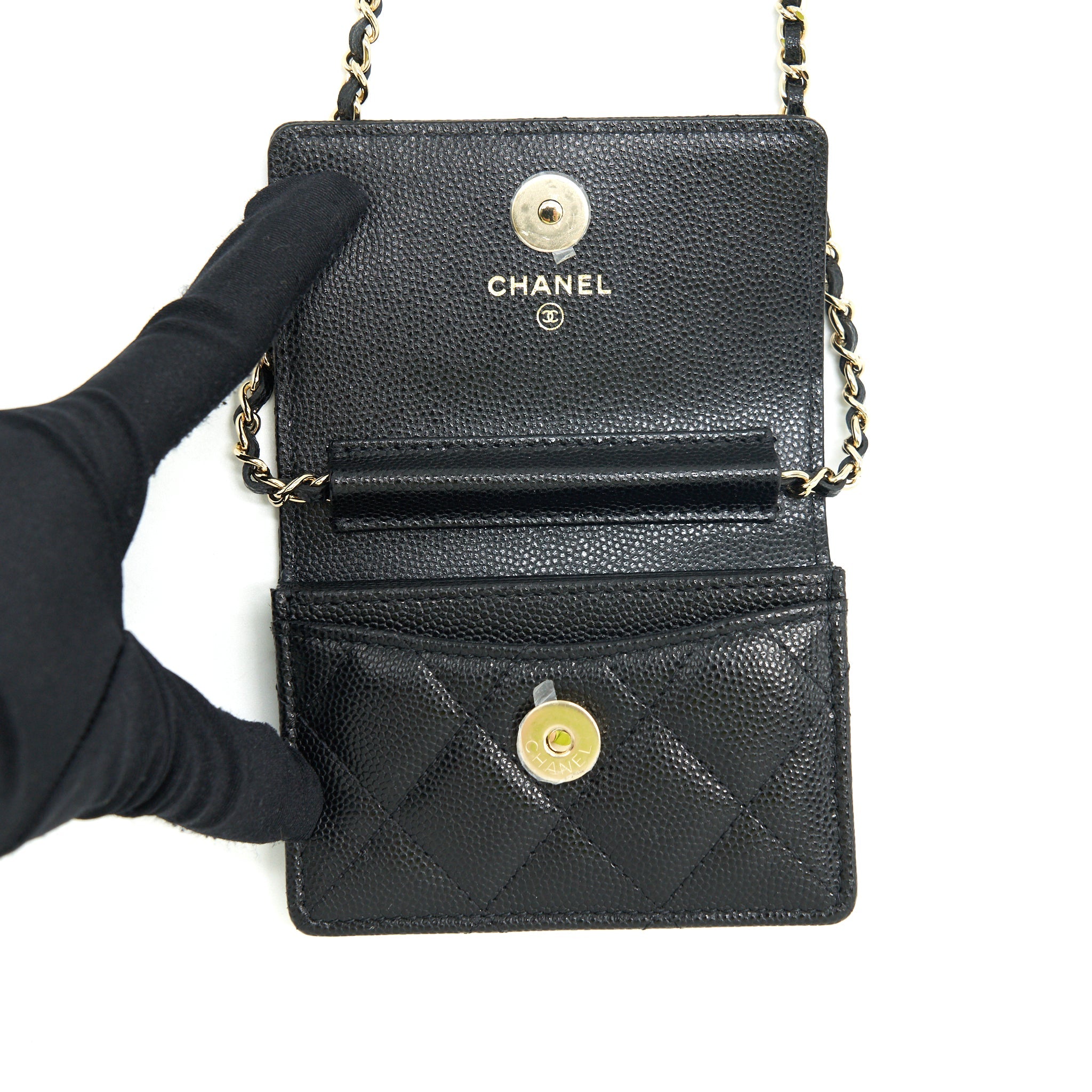 CHANEL 21K CAVIAR MINI FLAP CARDHOLDER WITH CHAIN BLACK LGHW