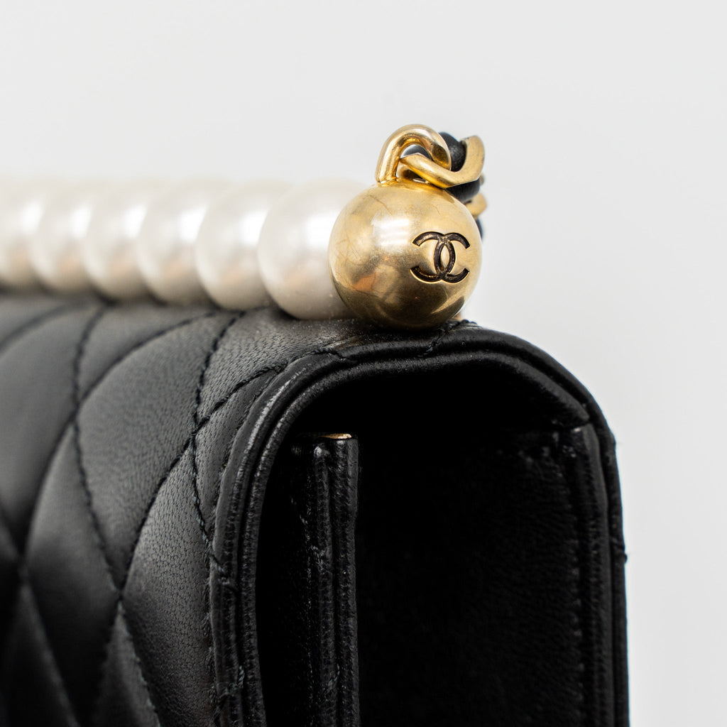 CHANEL SQUARE PEARL FLAP BAG LAMBSKIN BLACK BRUSHED GHW
