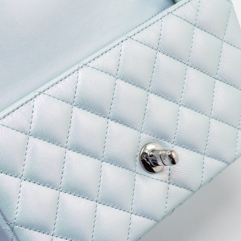 CHANEL 21K MINI RECTANGULAR FLAP BAG CALFSKIN IRIDESCENT LIGHT BLUE SHW (MICROCHIP)