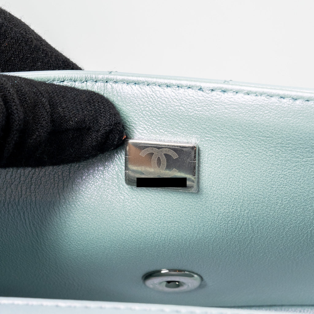 CHANEL 21K MINI RECTANGULAR FLAP BAG CALFSKIN IRIDESCENT LIGHT BLUE SHW (MICROCHIP)