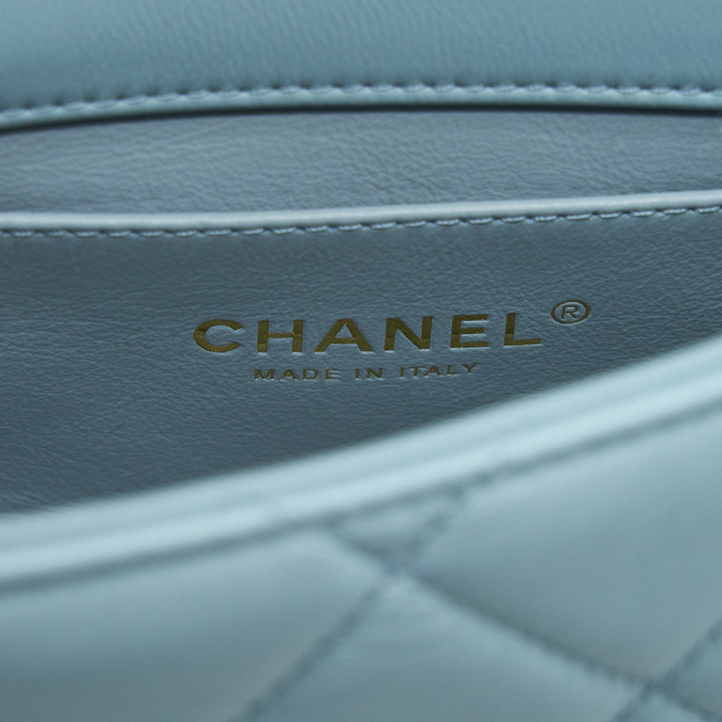 CHANEL 22P SEASONAL MINI SQUARE FLAP BAG LAMBSKIN LIGHT BLUE GHW