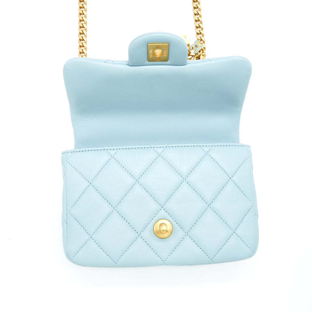 CHANEL 22P SEASONAL MINI SQUARE FLAP BAG LAMBSKIN LIGHT BLUE GHW