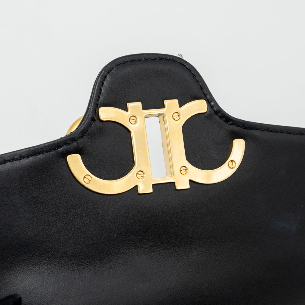 SALVATORE FERRAGAMO GLANCING QUILTED LEATHER SHOULDER BAG CALFSKIN BLACK GHW