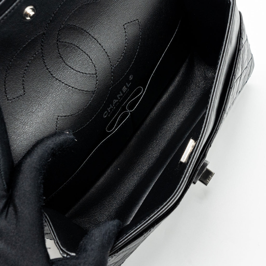 CHANEL SMALL 2.55 225 REISSUE FLAP BAG AGED CALFSKIN BLACK WITH BLACK HARDWARE (MICROCHIP)