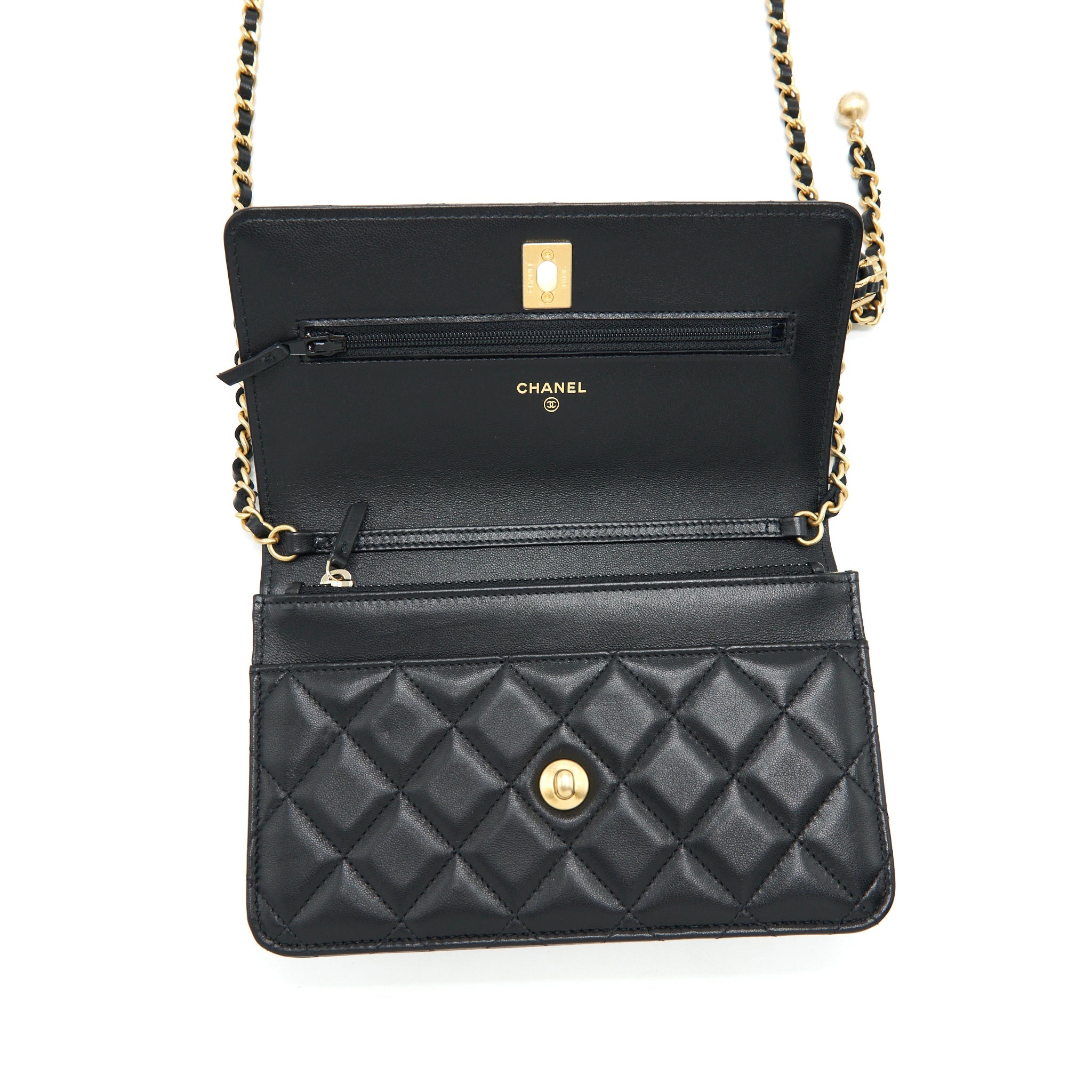 CHANEL 22S PEARL CRUSH WALLET ON CHAIN LAMBSKIN BLACK GHW (MICROCHIP)