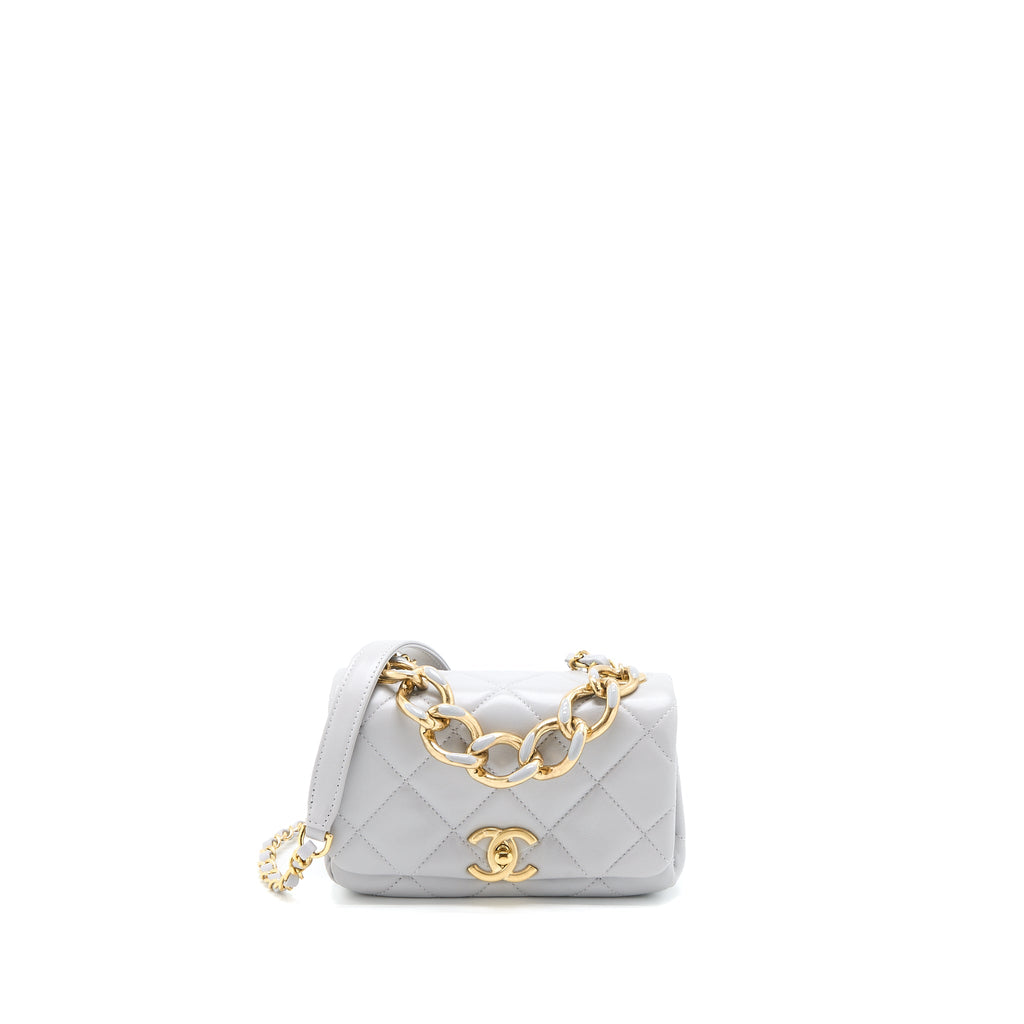 CHANEL QUILTED MINI FLAP BAG LAMBSKIN LIGHT GREY GHW (MICROCHIP)