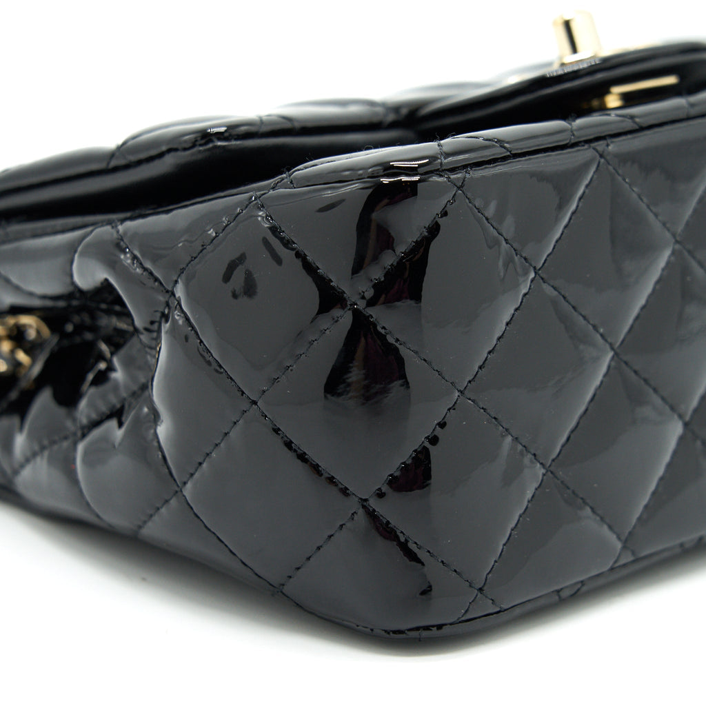 CHANEL MINI SQUARE FLAP BAG QUILTED PATENT LEATHER BLACK GHW