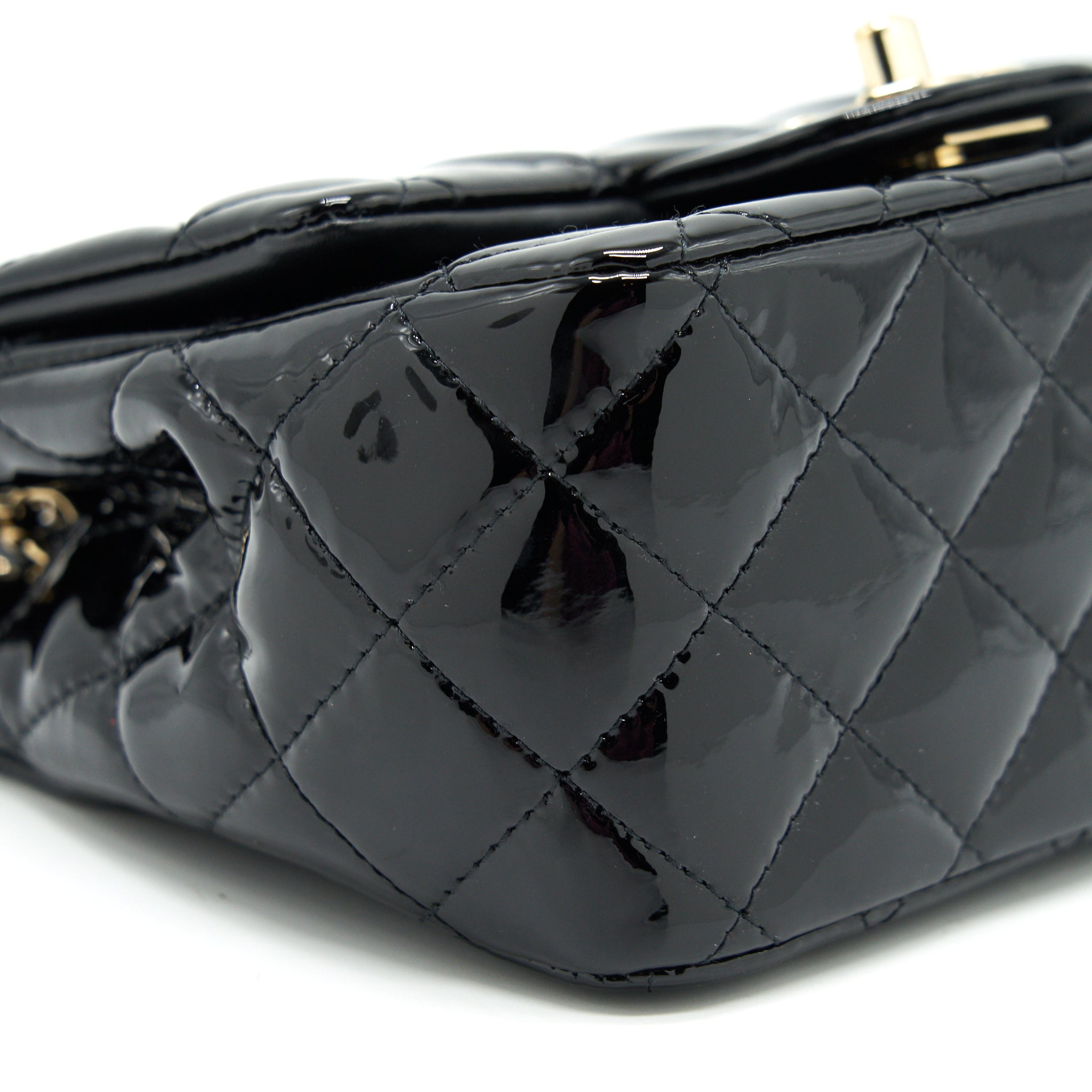 CHANEL MINI SQUARE FLAP BAG QUILTED PATENT LEATHER BLACK GHW