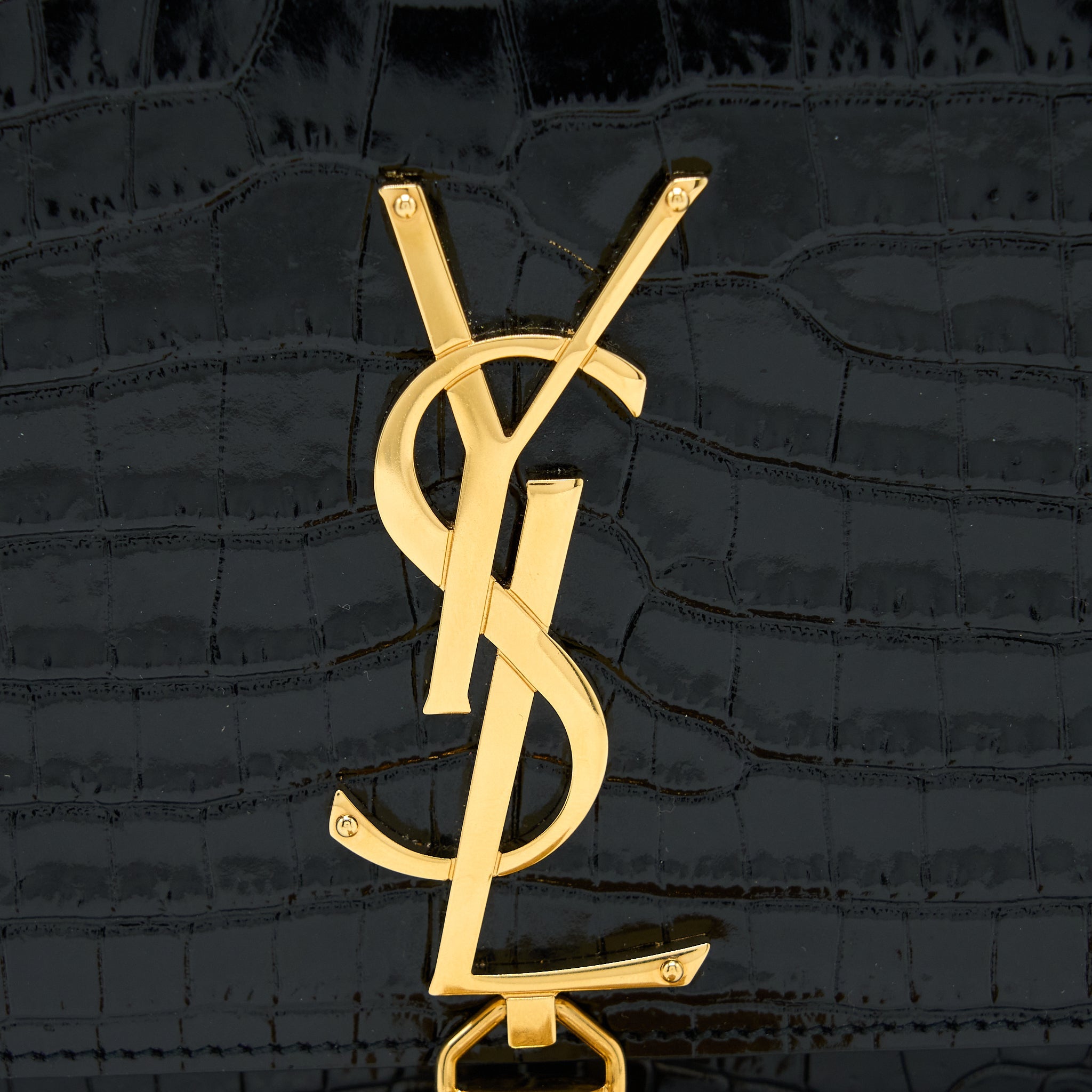 SAINT LAURENT KATE BAG CROC EMBOSSED CALFSKIN BLACK GHW