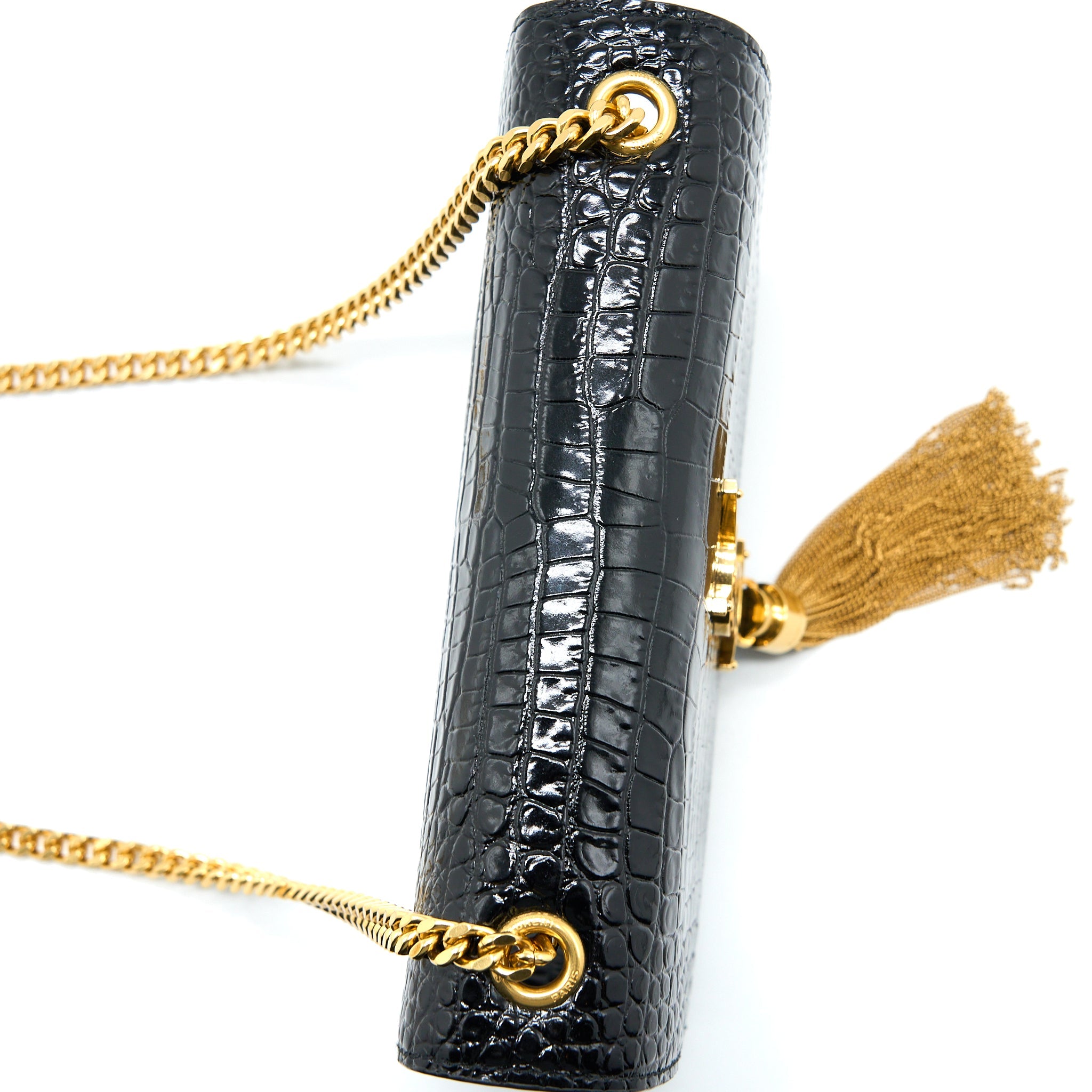 SAINT LAURENT KATE BAG CROC EMBOSSED CALFSKIN BLACK GHW