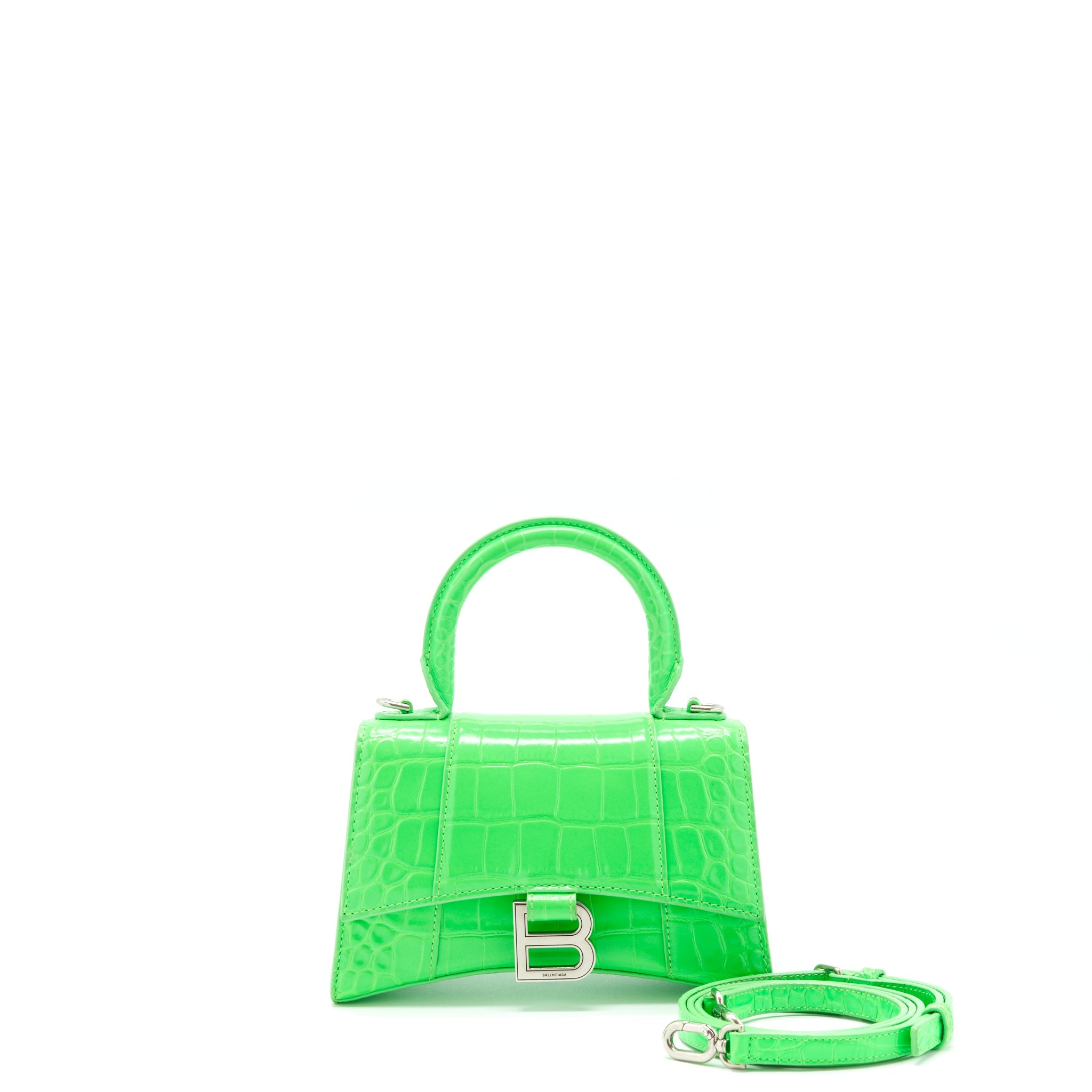 BALENCIAGA HOURGLASS XS CROC EMBOSSED CALFSKIN GREEN SHW