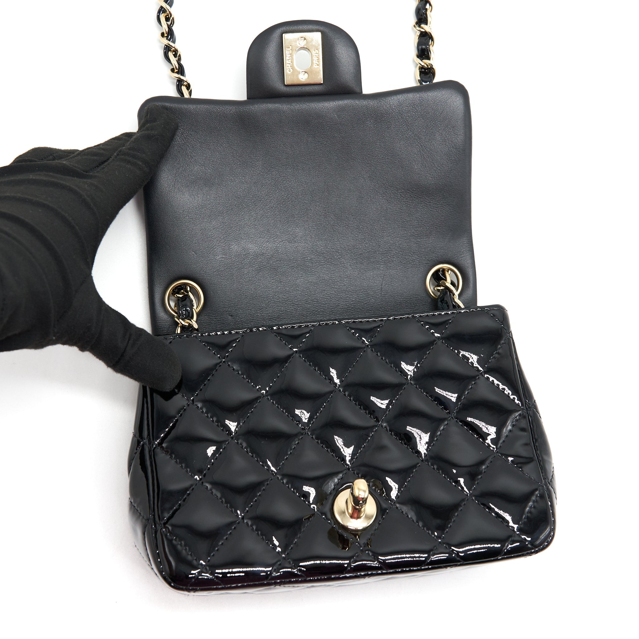CHANEL MINI SQUARE FLAP BAG QUILTED PATENT LEATHER BLACK GHW