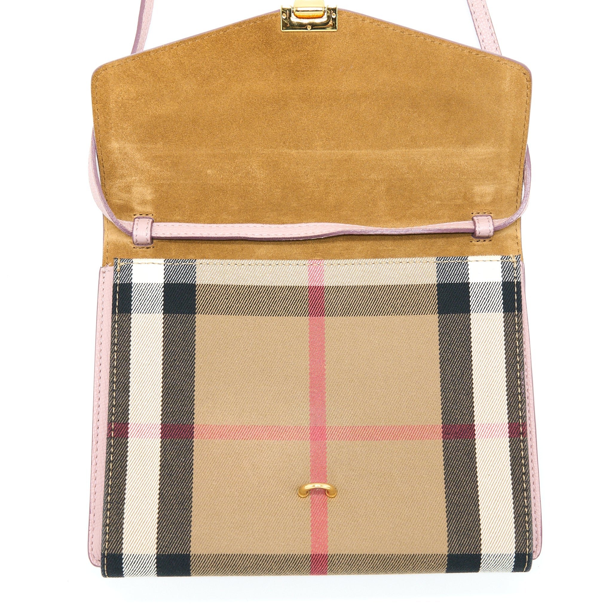 BURBERRY SMALL LEATHER AND HOUSE CHECK CROSSBODY BAG PALE ORCHID