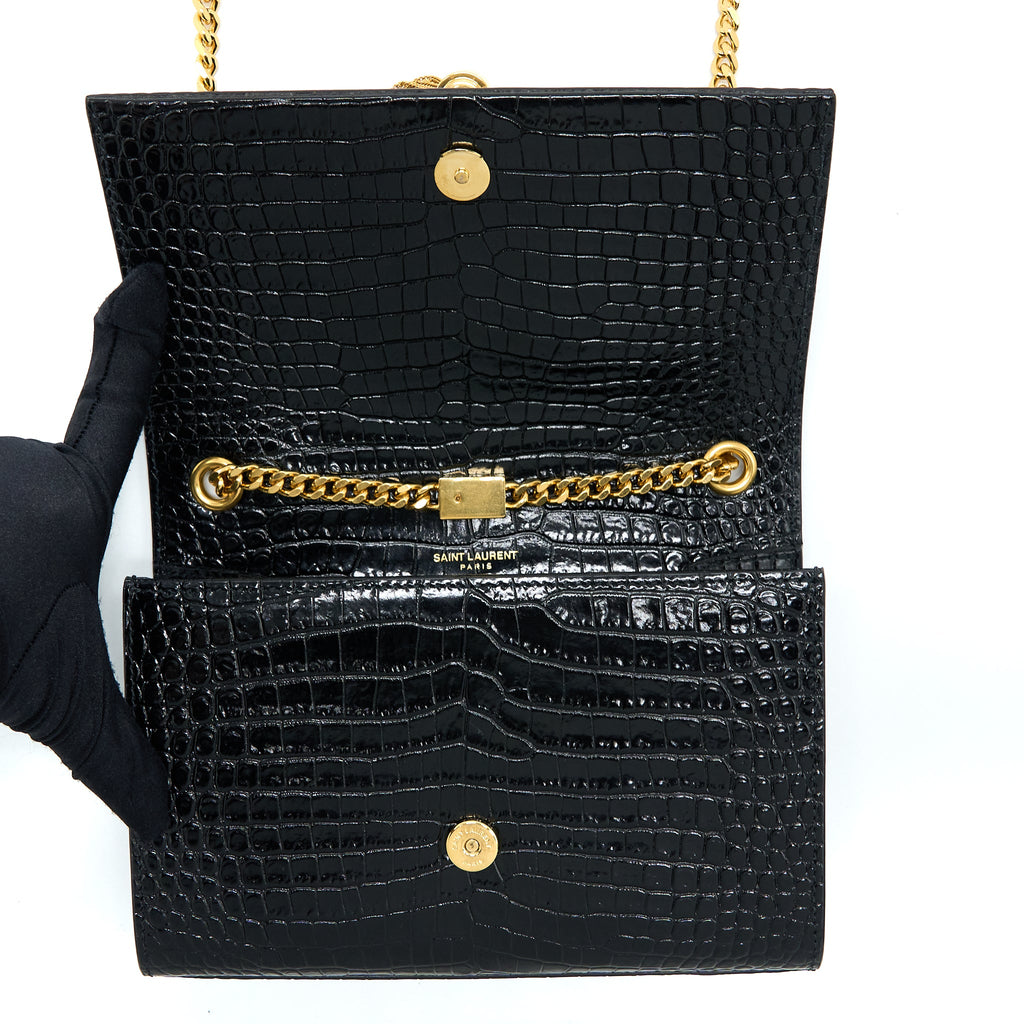 SAINT LAURENT KATE BAG CROC EMBOSSED CALFSKIN BLACK GHW
