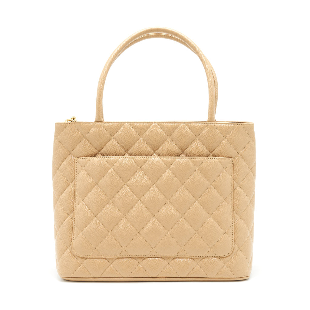 CHANEL VINTAGE MEDALLION TOTE BAG CAVIAR BEIGE GHW