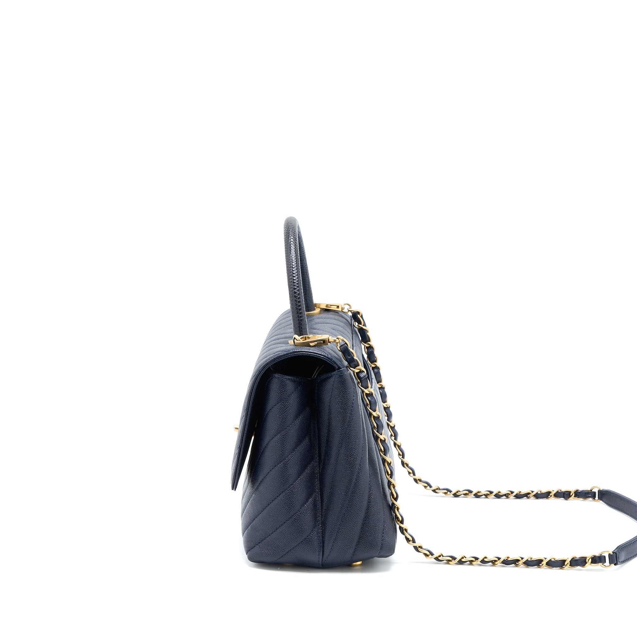 CHANEL MEDIUM CHEVRON COCO HANDLE BAG CAVIAR WITH LIZARD HANDLE NAVY BRUSHED GHW