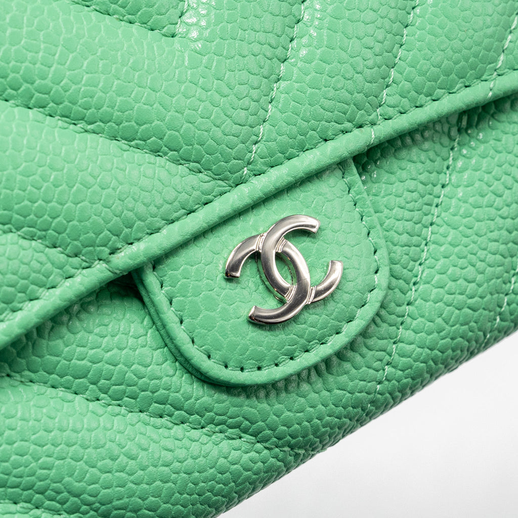 CHANEL CLASSIC FLAP WALLET CHEVRON CAVIAR GREEN SHW