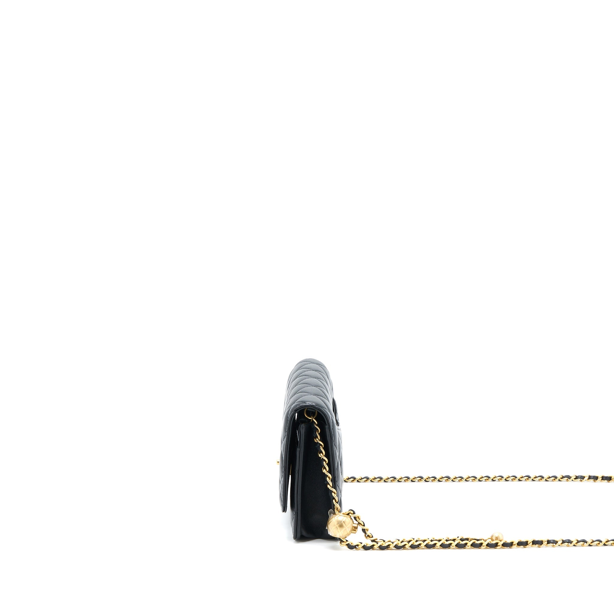 CHANEL PEARL CRUSH WALLET ON CHAIN LAMBSKIN BLACK BRUSHED GHW (MICROCHIP)