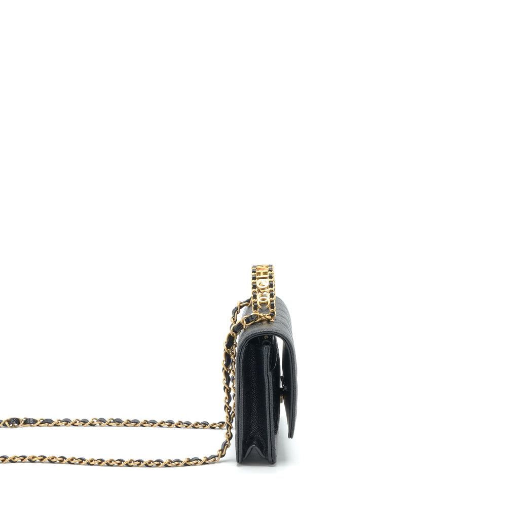 CHANEL 22S LOGO TOP HANDLE WALLET ON CHAIN CAVIAR BLACK GHW (MICROCHIP)
