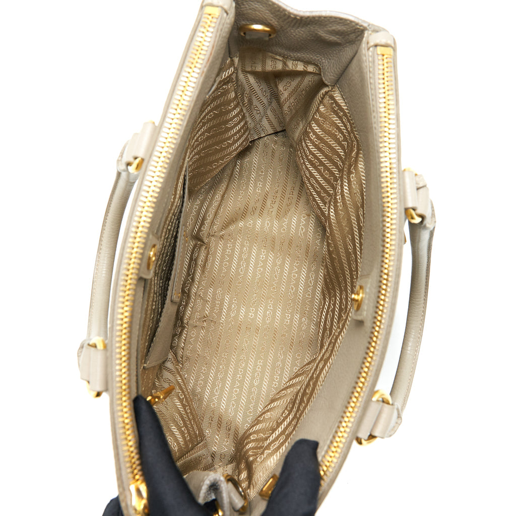 PRADA GRAINED CALFSKIN DOUBLE ZIP TOTE BAG LIGHT GREY GHW