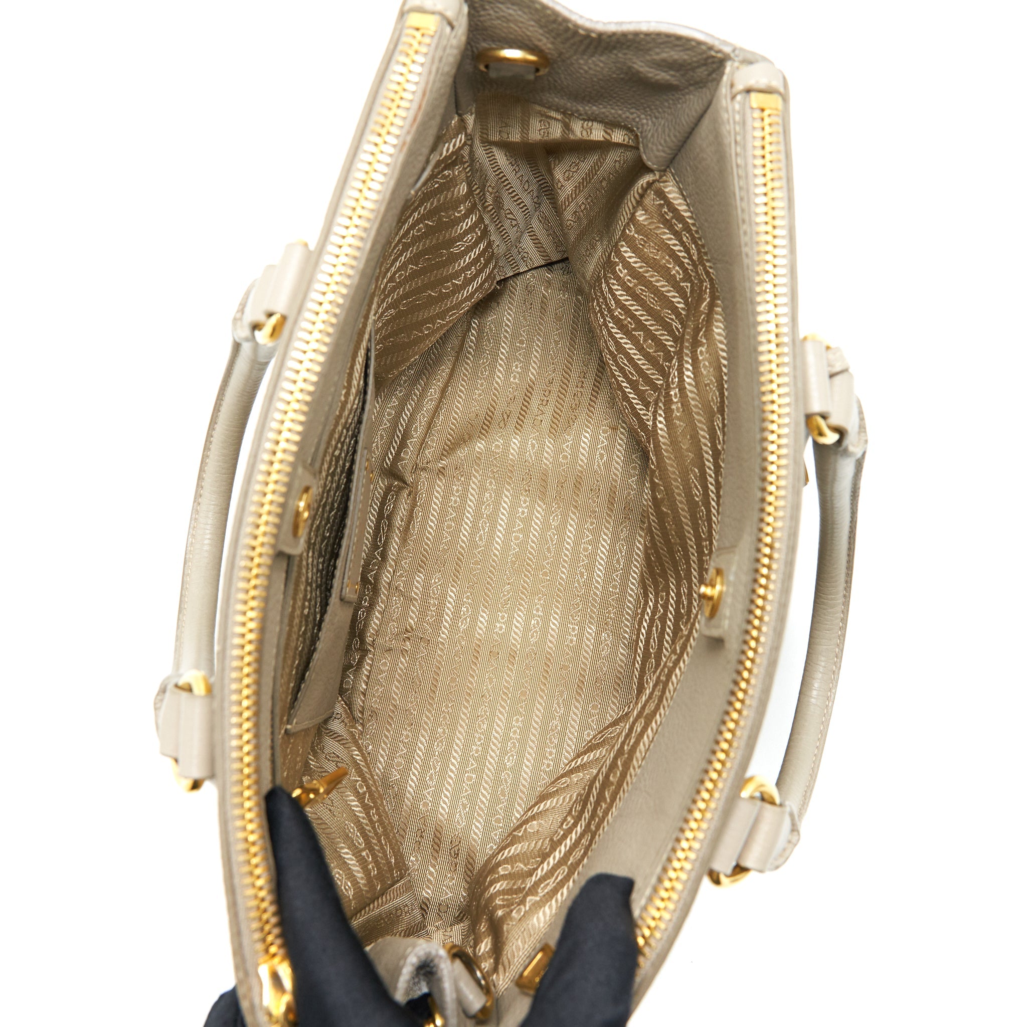 PRADA GRAINED CALFSKIN DOUBLE ZIP TOTE BAG LIGHT GREY GHW