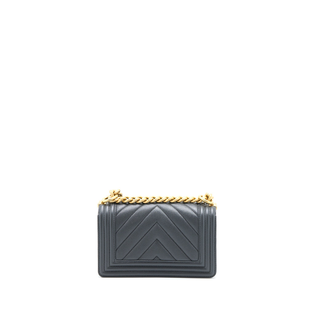 CHANEL SMALL BOY BAG CHEVRON CAVIAR DARK GREY BRUSHED GHW (MICROCHIP)