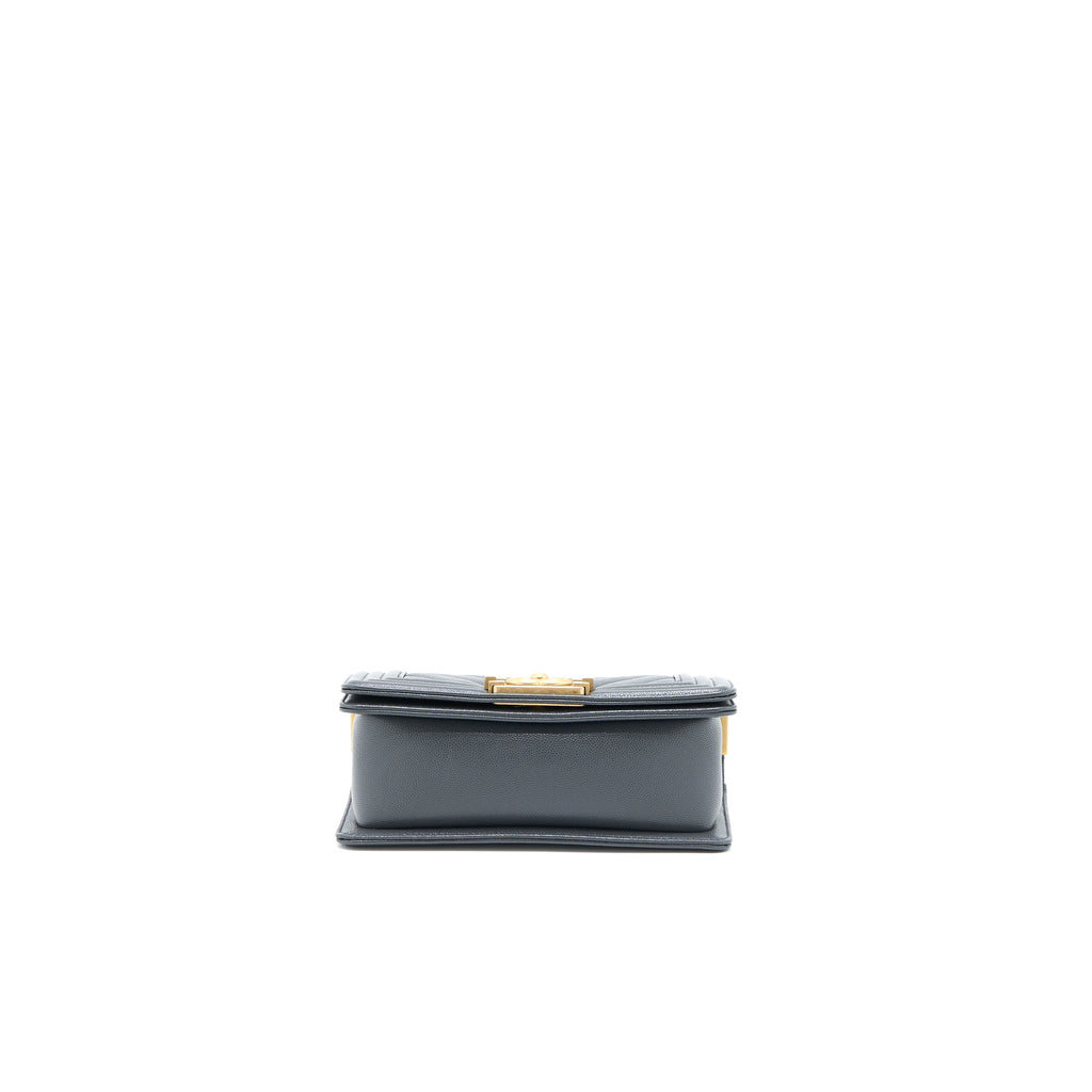 CHANEL SMALL BOY BAG CHEVRON CAVIAR DARK GREY BRUSHED GHW (MICROCHIP)