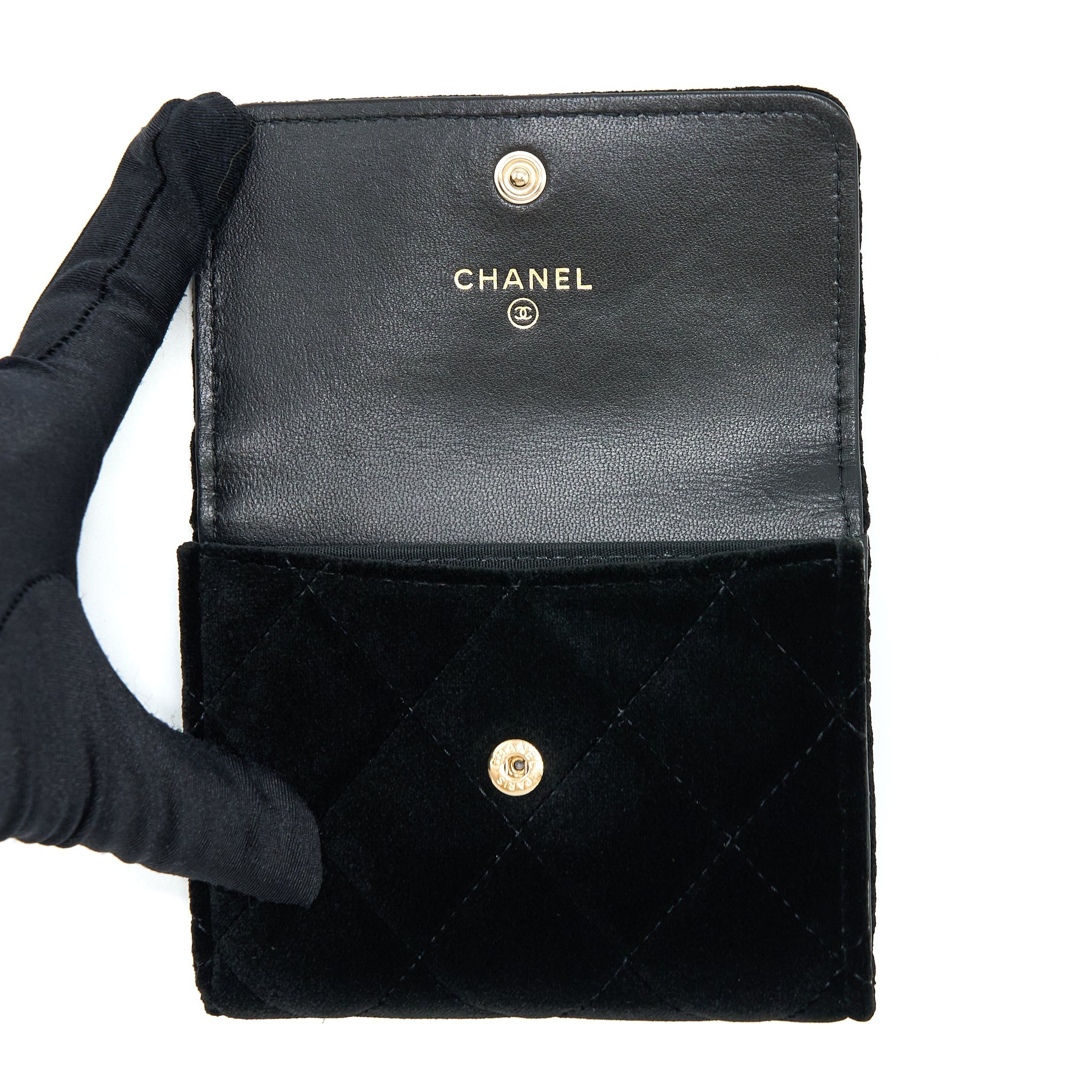 CHANEL SMALL FLAP WALLET VELVET BLACK LGHW