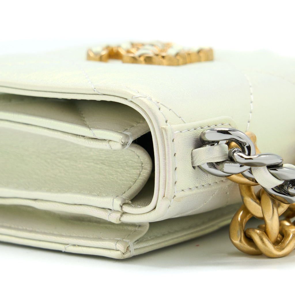 CHANEL 19 PHONE POUCH WITH CHAIN IRIDESCENT WHITE GHW