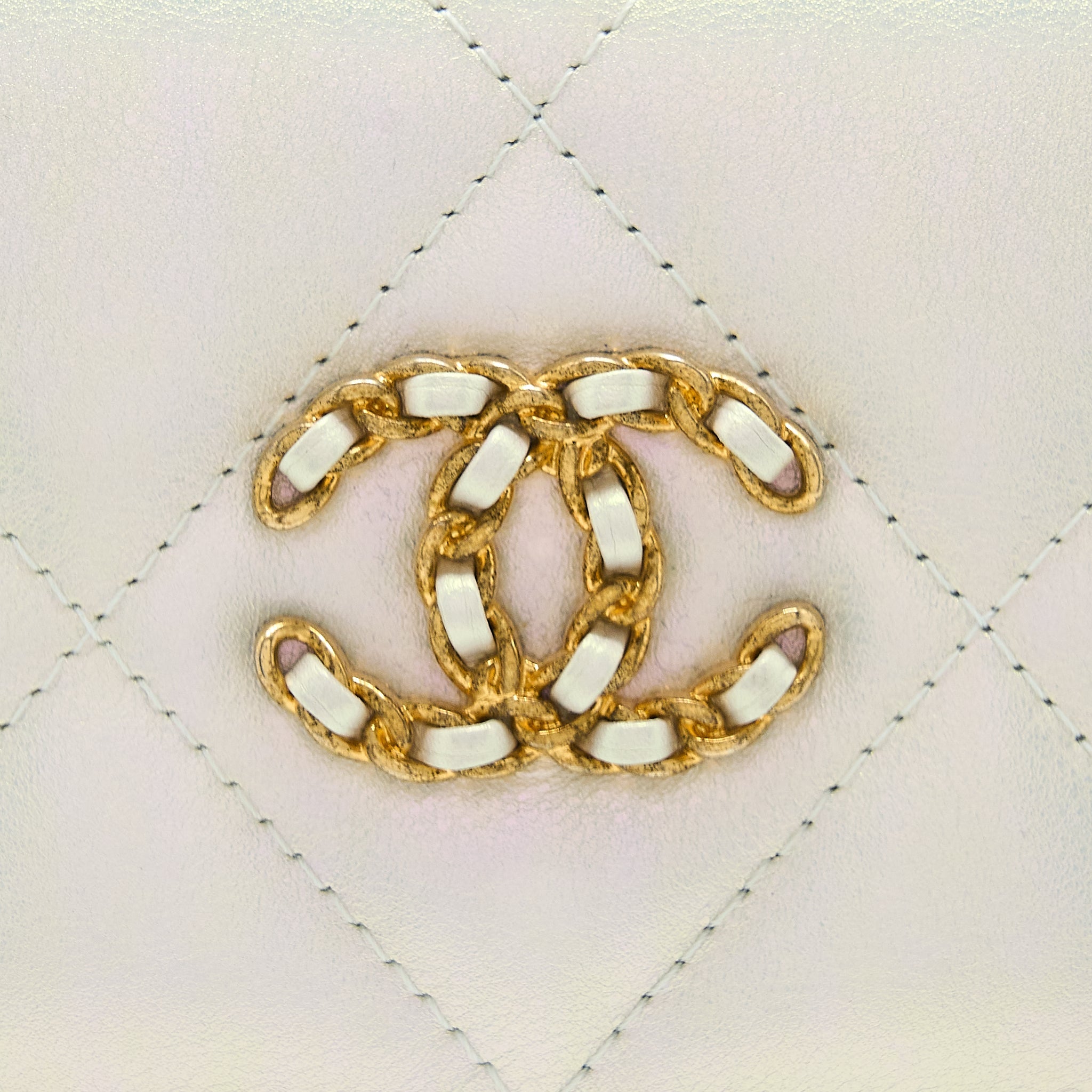 CHANEL 19 PHONE POUCH WITH CHAIN IRIDESCENT WHITE GHW