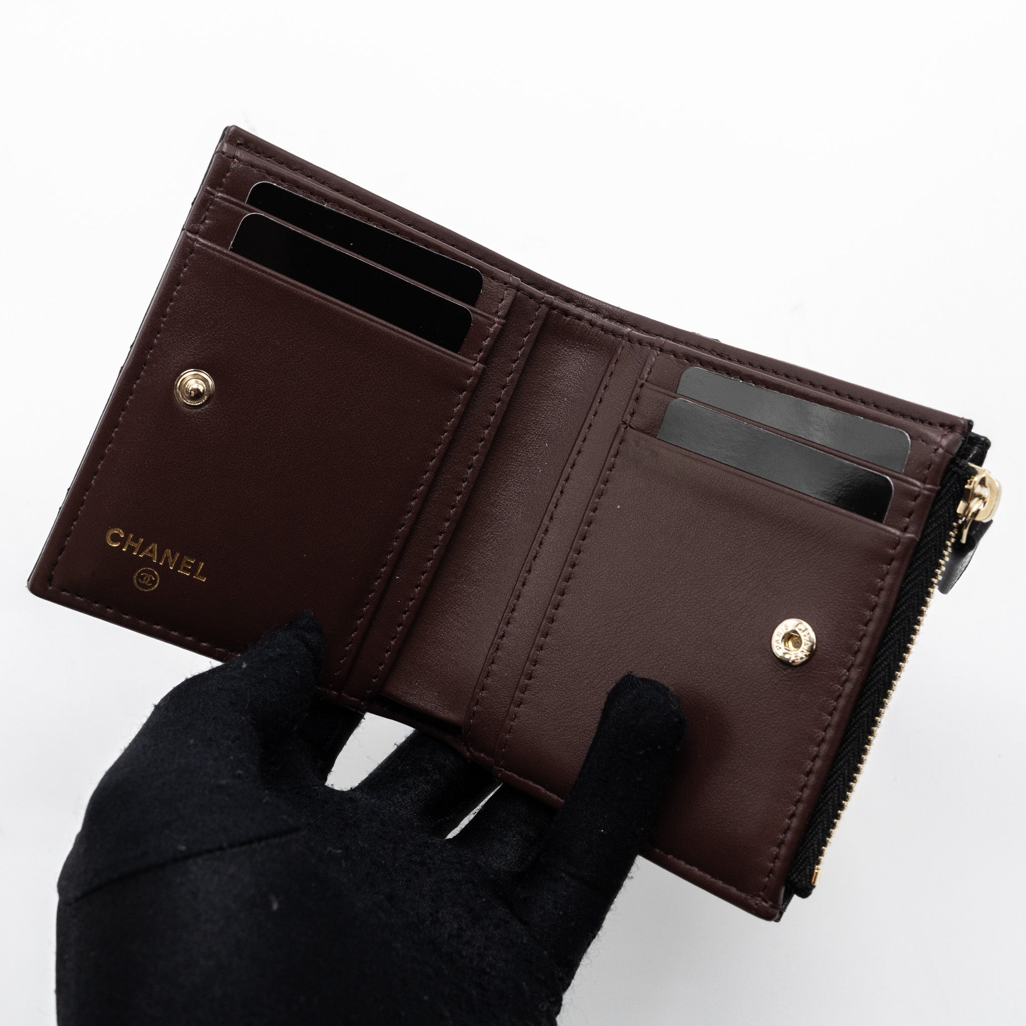 CHANEL QUILTED FOLD WALLET CAVIAR BLACK LGHW (MICROCHIP)