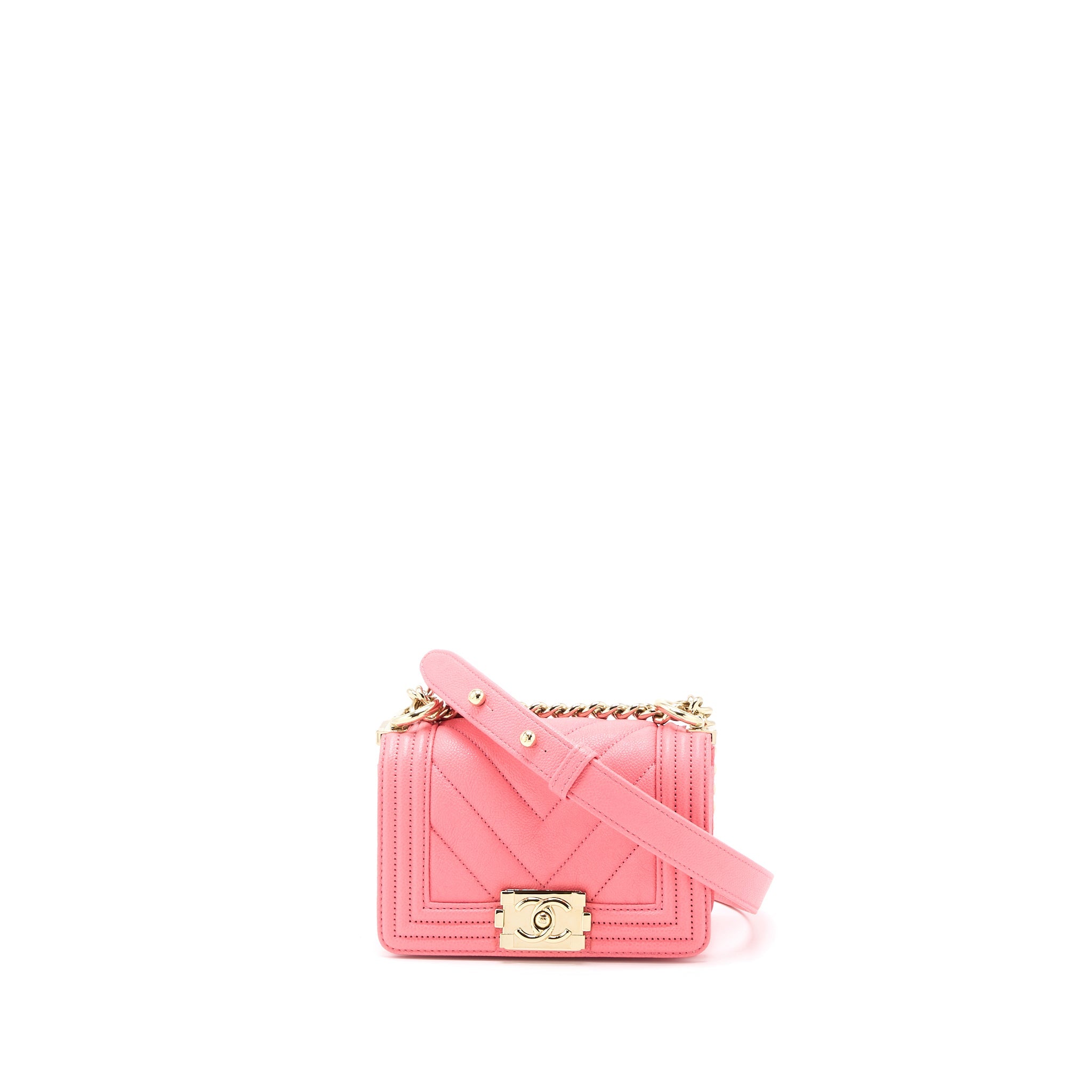 CHANEL SUPER MINI BOY BAG CHEVRON CAVIAR PINK LGHW (MICROCHIP)