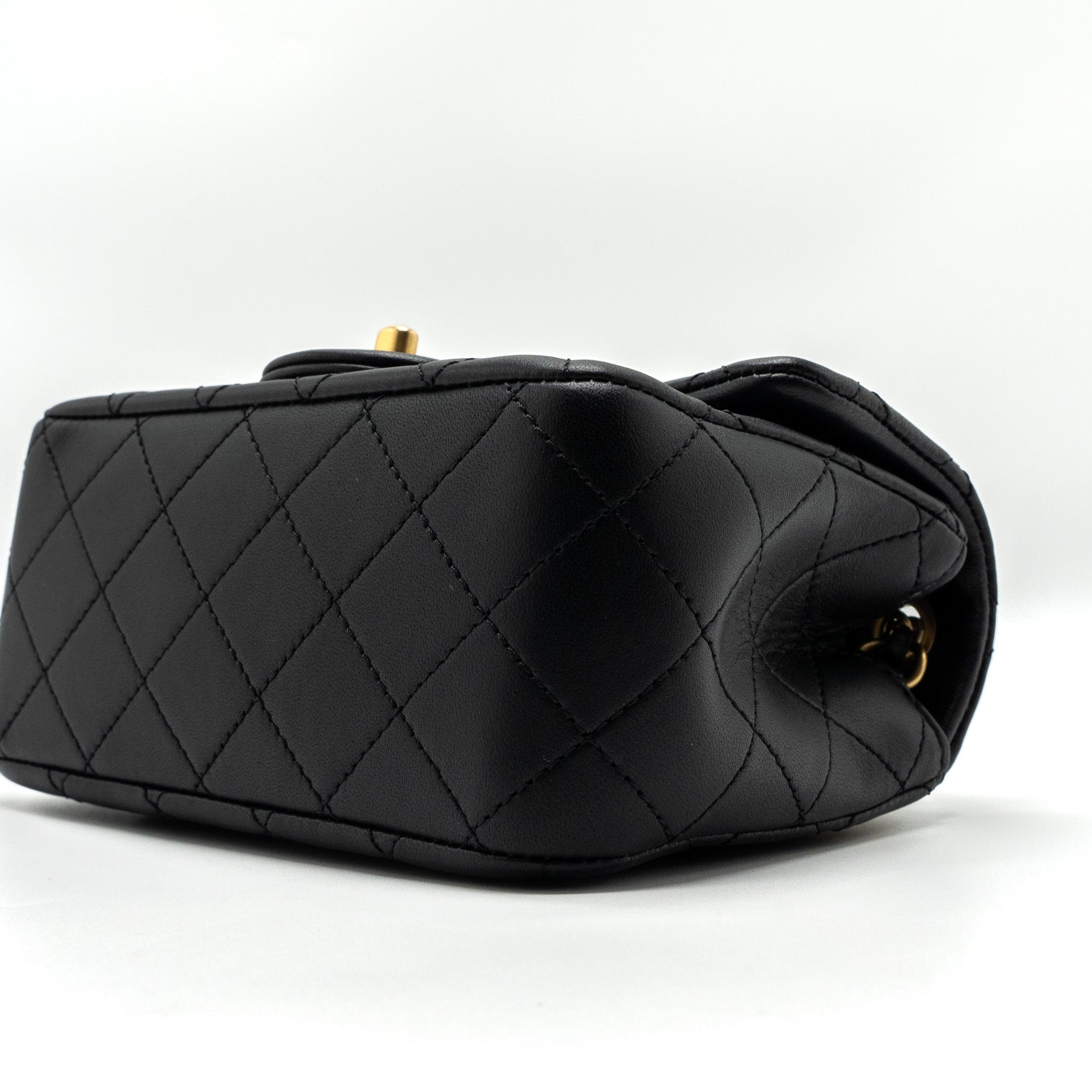 CHANEL 23K PEARL CRUSH MINI SQUARE FLAP BAG LAMBSKIN BLACK GHW (MICROCHIP)