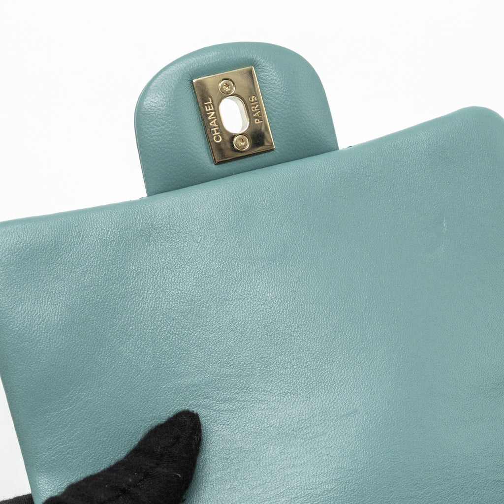 CHANEL CLASSIC MINI SQUARE FLAP BAG LAMBSKIN GREEN LGHW (MICROCHIP)