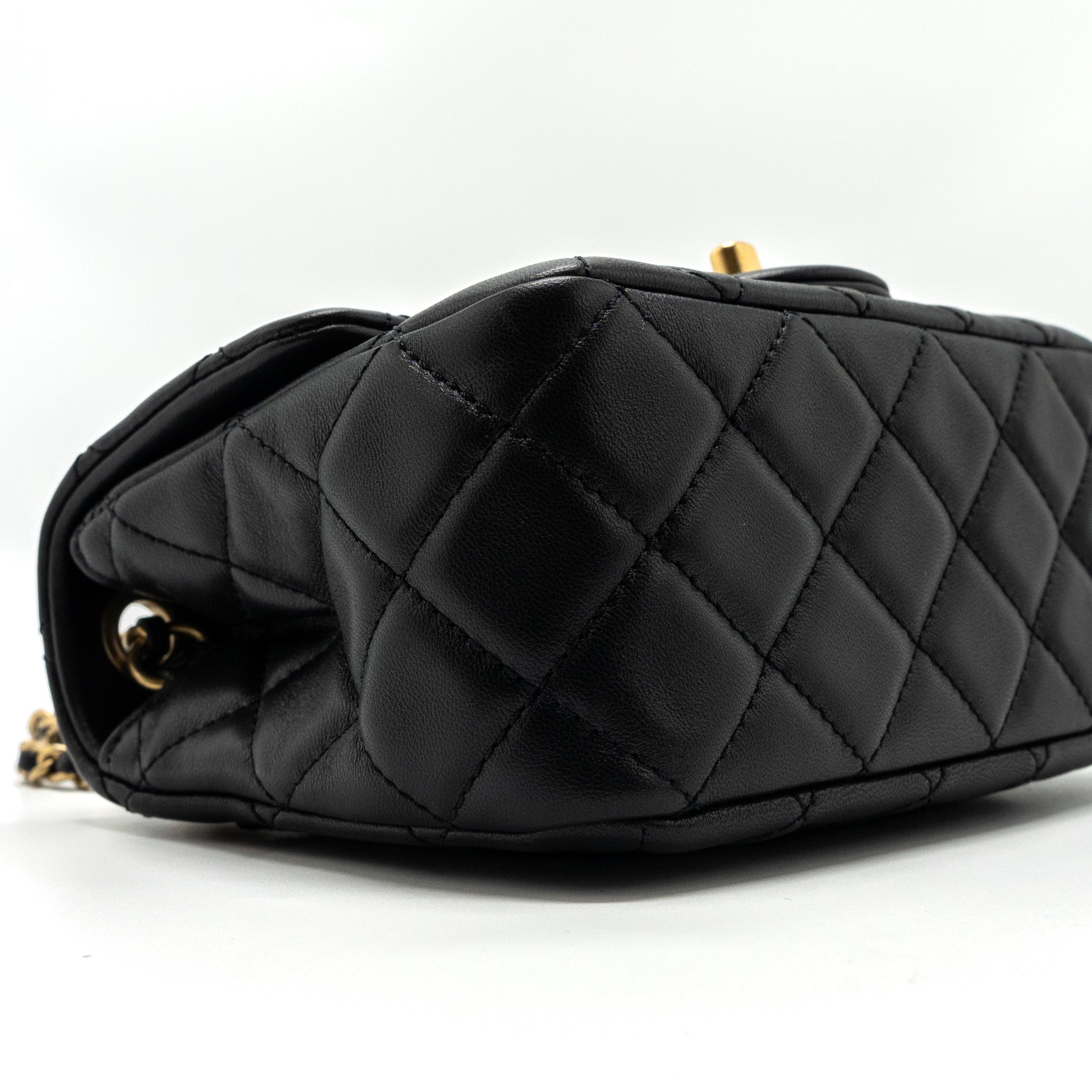 CHANEL PEARL CRUSH MINI  SQUARE FLAP BAG LAMBSKIN BLACK GHW (MICROCHIP)
