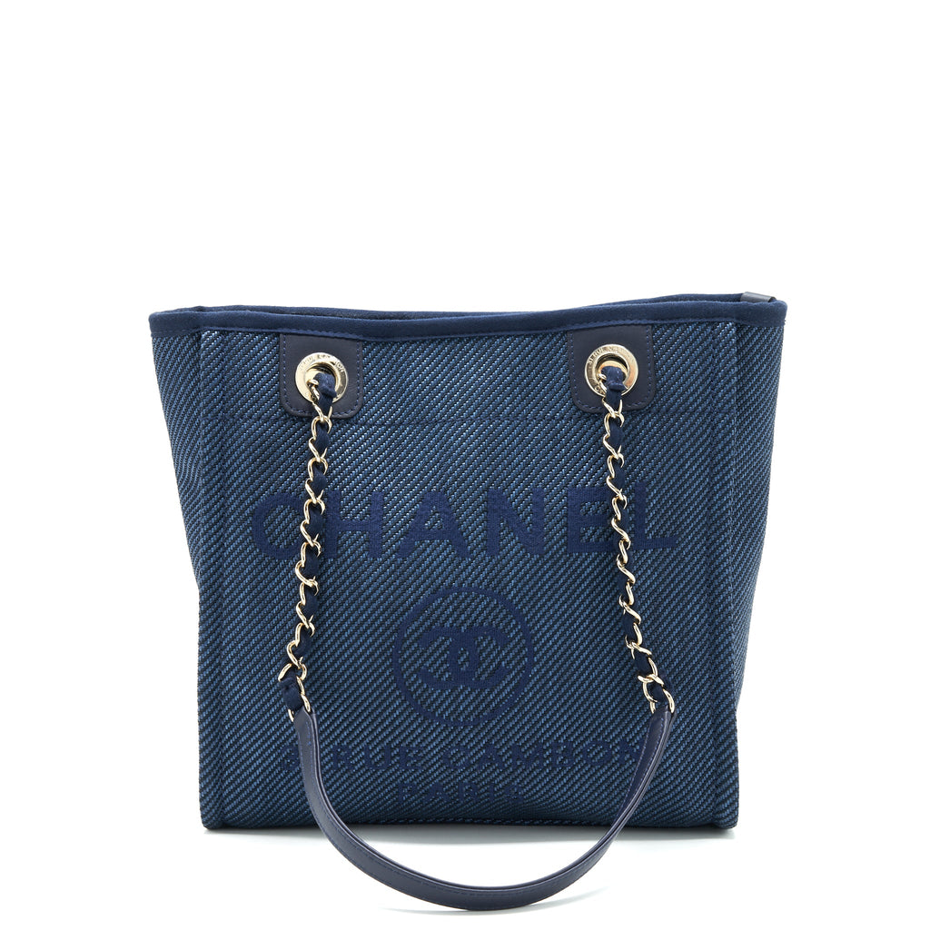 CHANEL SMALL DEAUVILLE TOTE BAG DENIM BLUE SHW