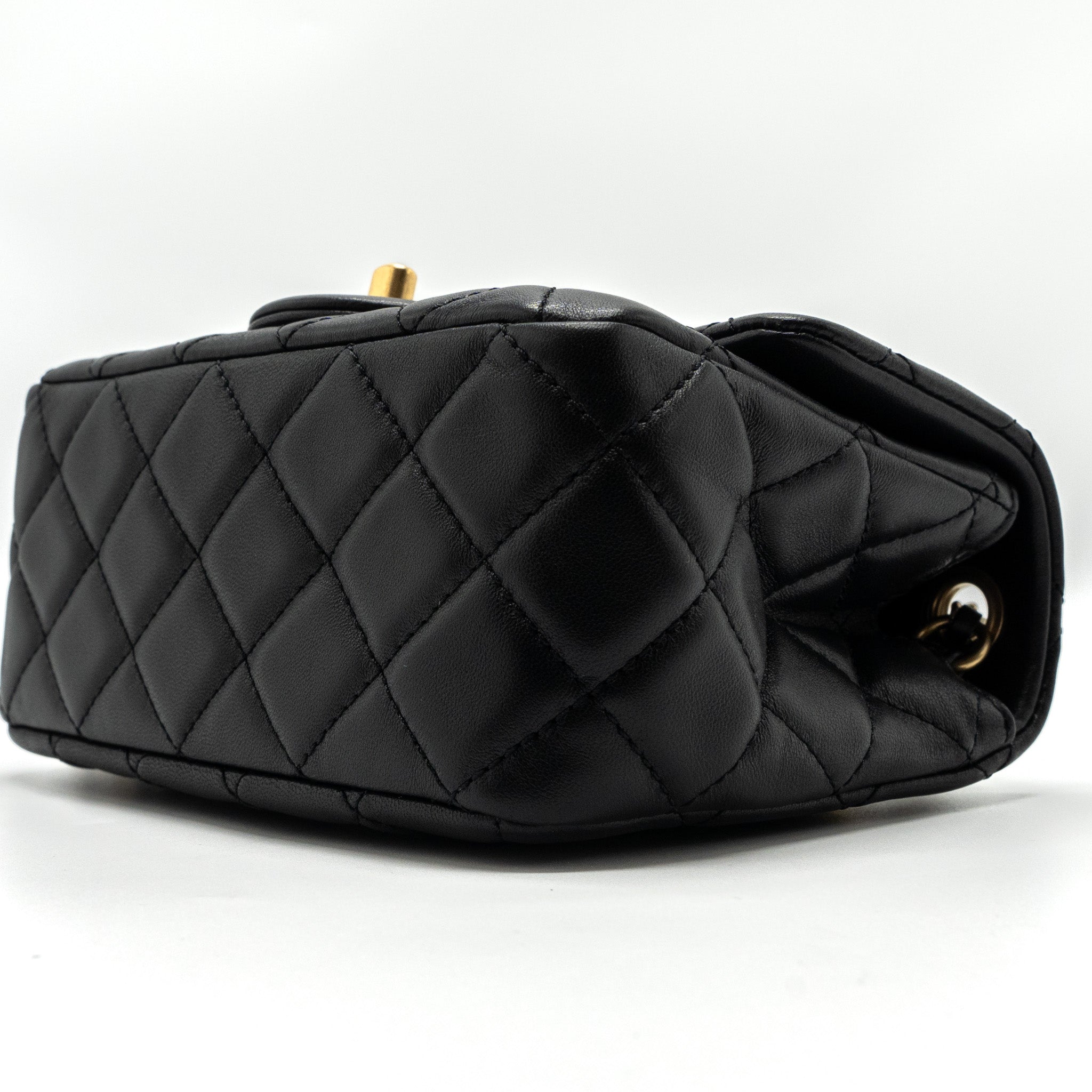 CHANEL PEARL CRUSH MINI  SQUARE FLAP BAG LAMBSKIN BLACK GHW (MICROCHIP)