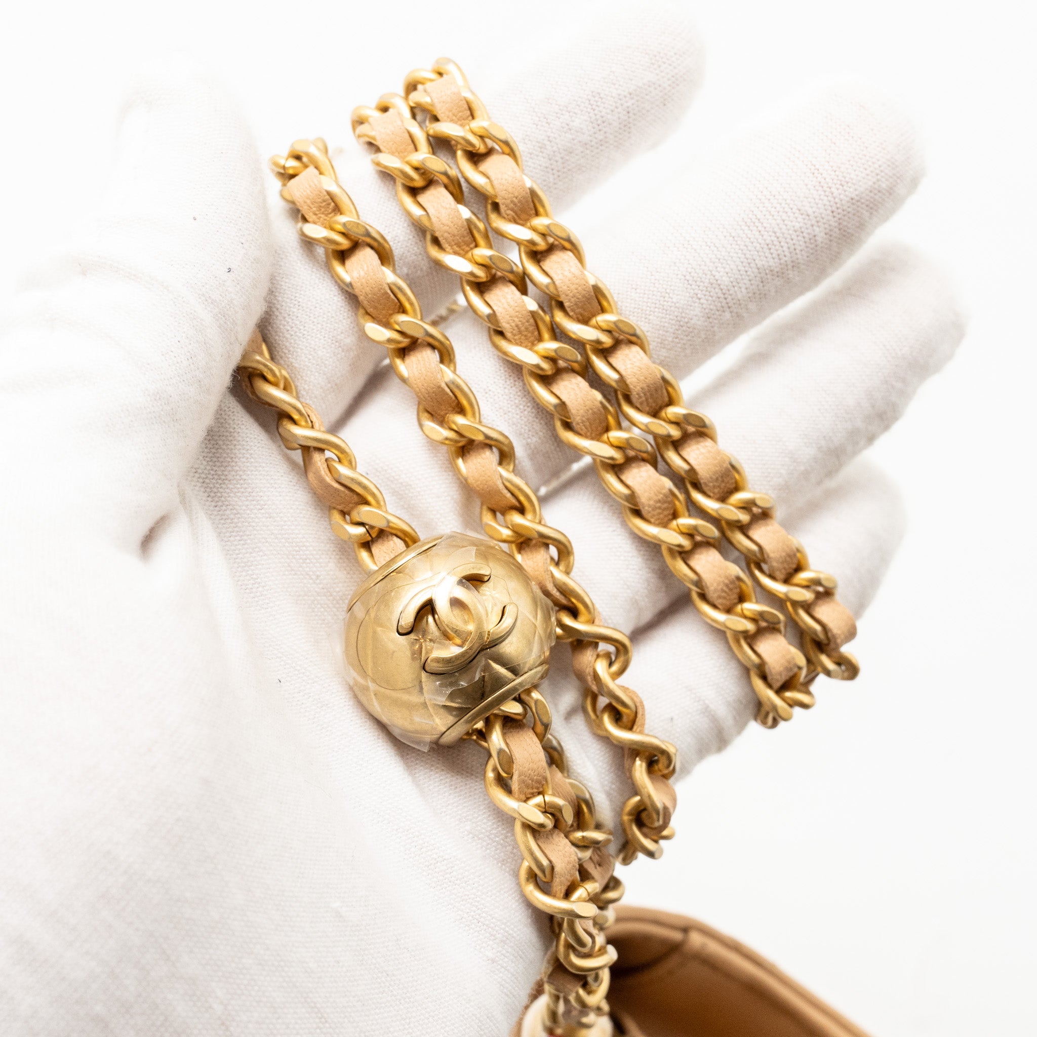 CHANEL PEARL CRUSH WALLET ON CHAIN LAMBSKIN BEIGE GHW (MICROCHIP)