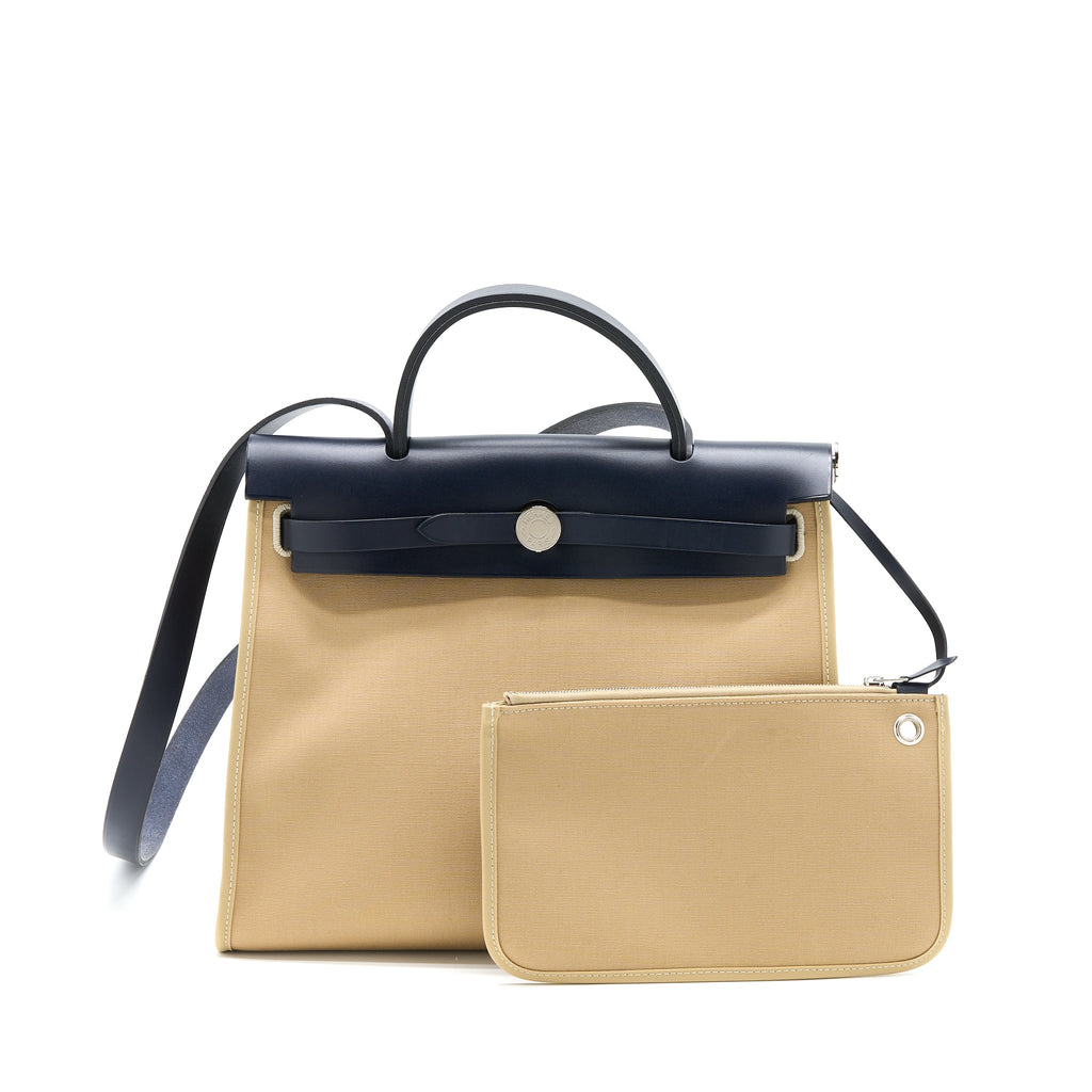 HERMES HERBAG 31 ZIP BAG CANVAS/HUNTER TRENCH/BLUE INDIGO SHW