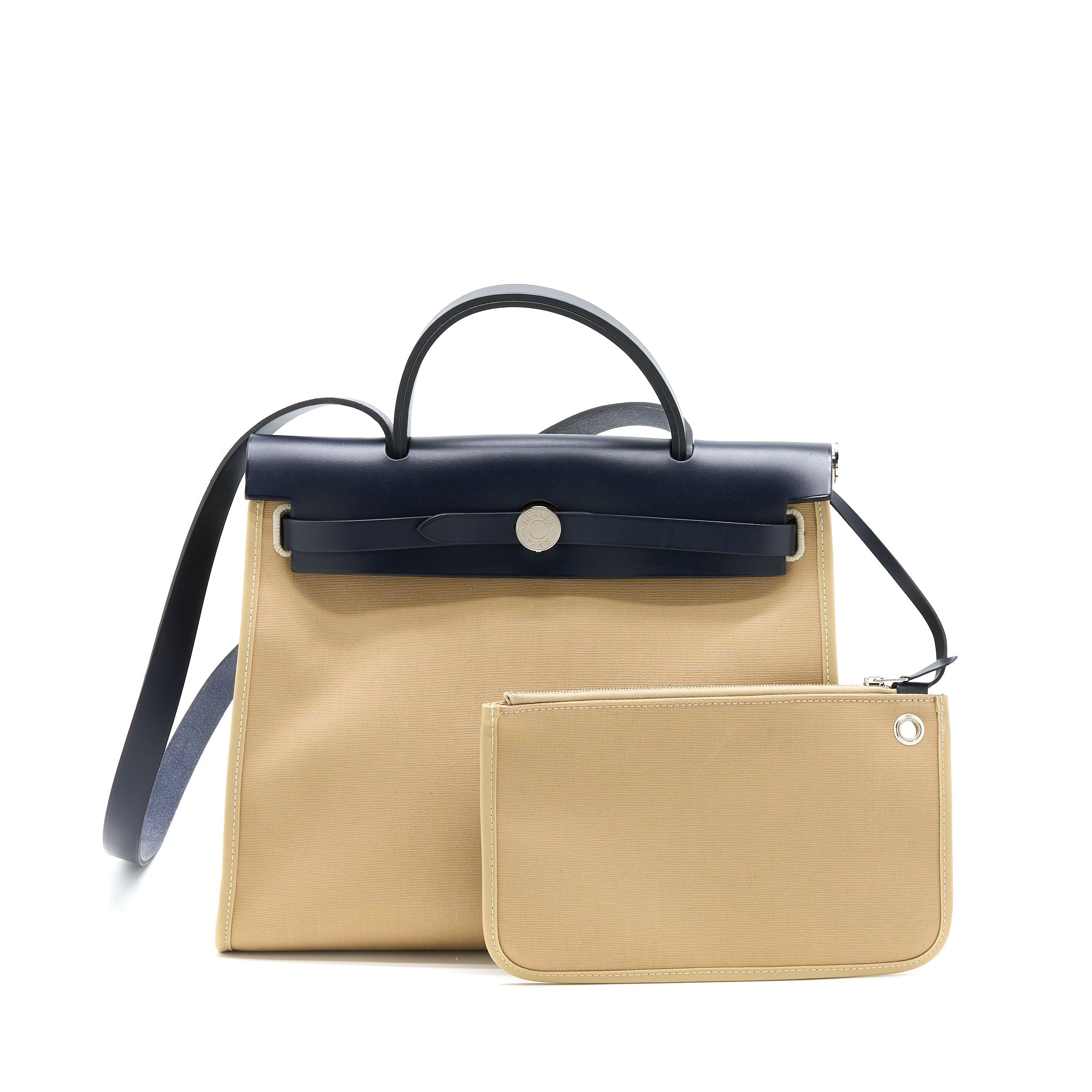 HERMES HERBAG 31 ZIP BAG CANVAS/HUNTER TRENCH/BLUE INDIGO SHW