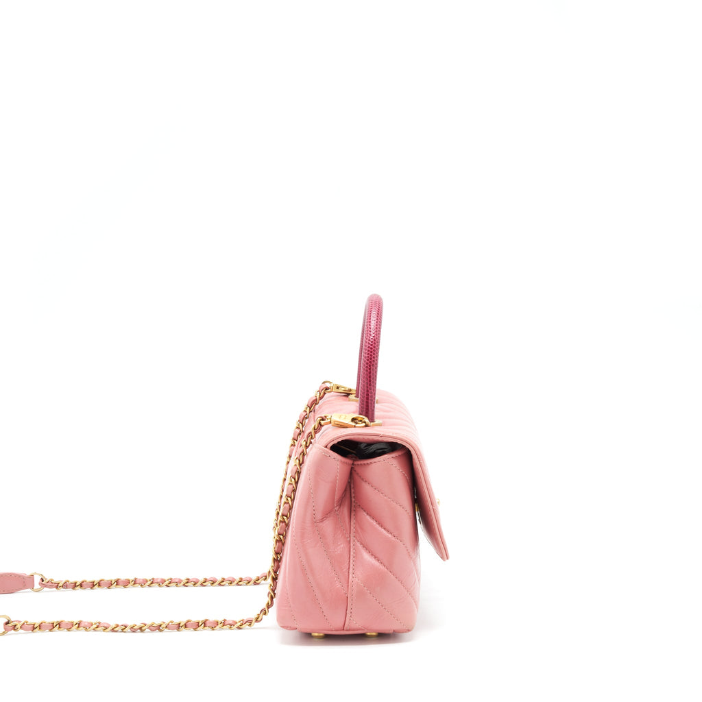 CHANEL SMALL COCO HANDLE CHEVRON CALFSKIN WITH LIZARD HANDLE PINK GHW