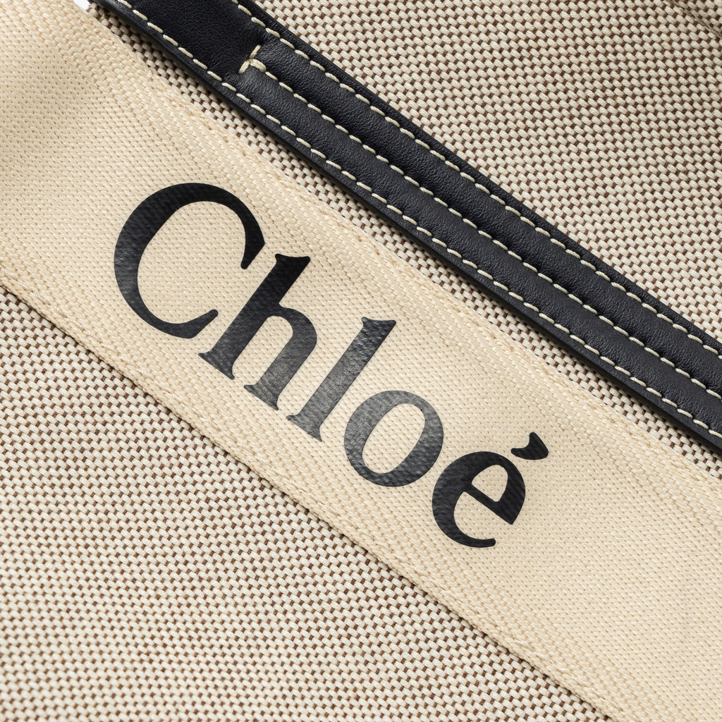 CHLOE MEDIUM WOODY TOTE BAG CANVAS/CALFSKIN WHITE/BLUE