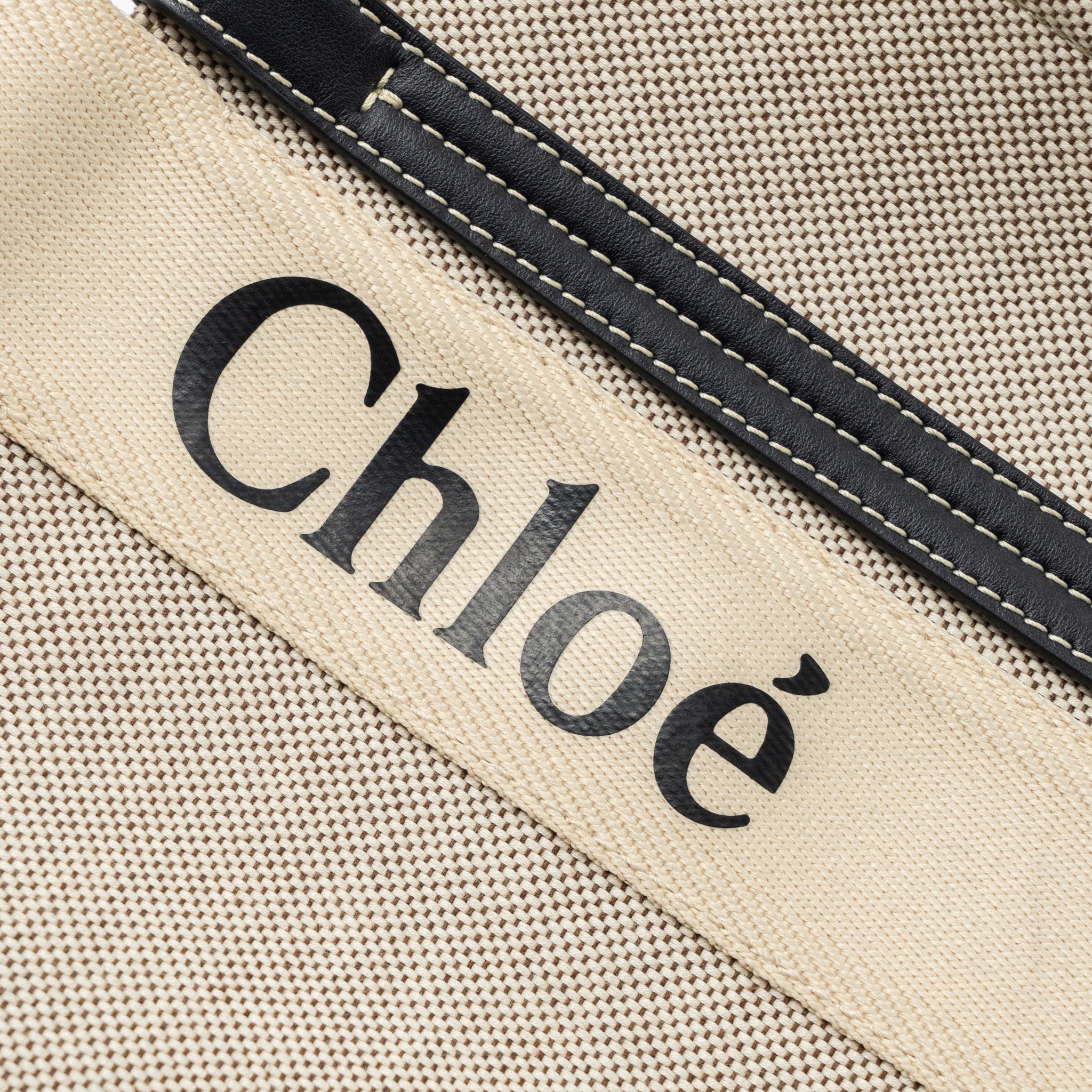 CHLOE MEDIUM WOODY TOTE BAG CANVAS/CALFSKIN WHITE/BLUE