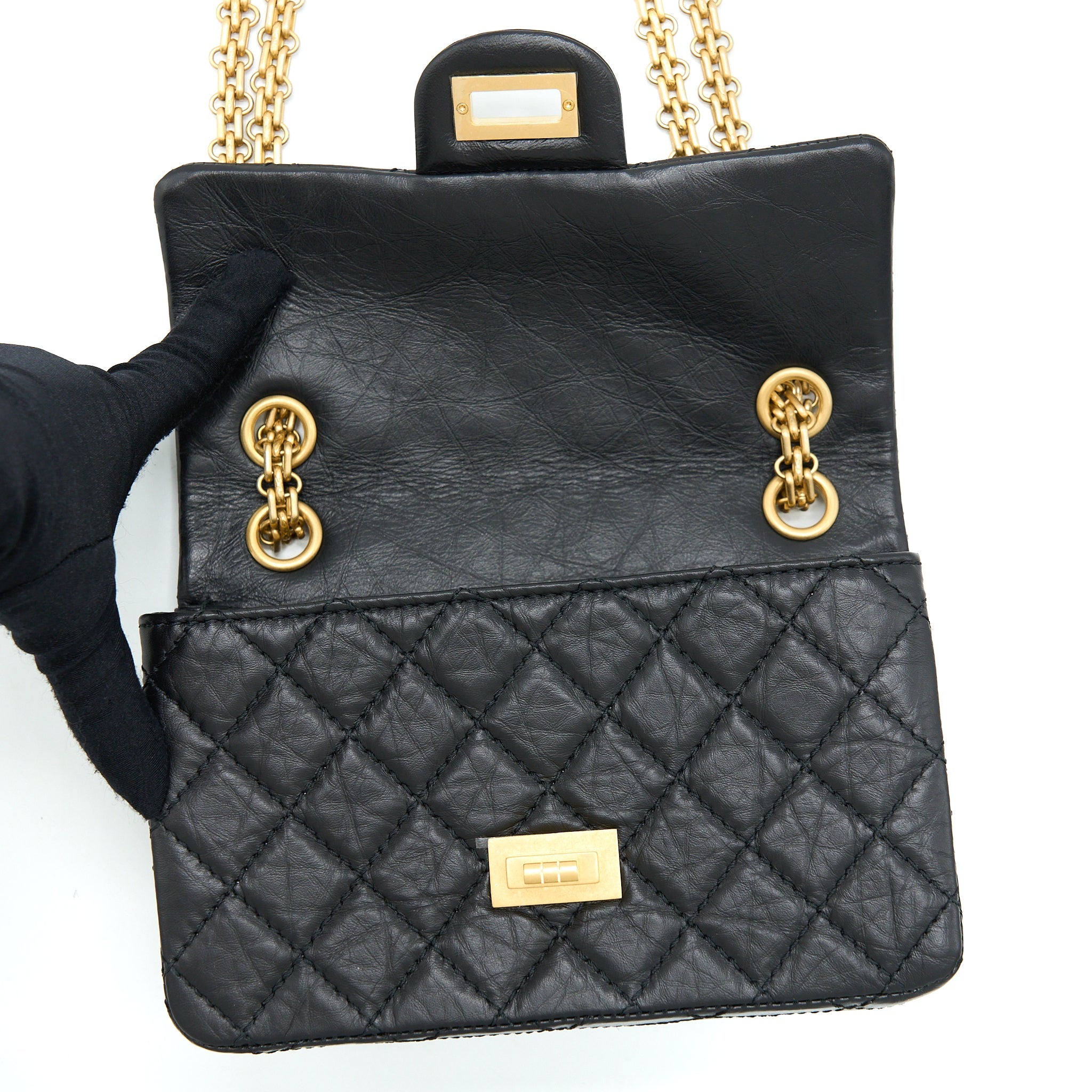 CHANEL MINI 2.55 REISSUE FLAP BAG AGED CALFSKIN BLACK BRUSHED GHW (MICROCHIP)