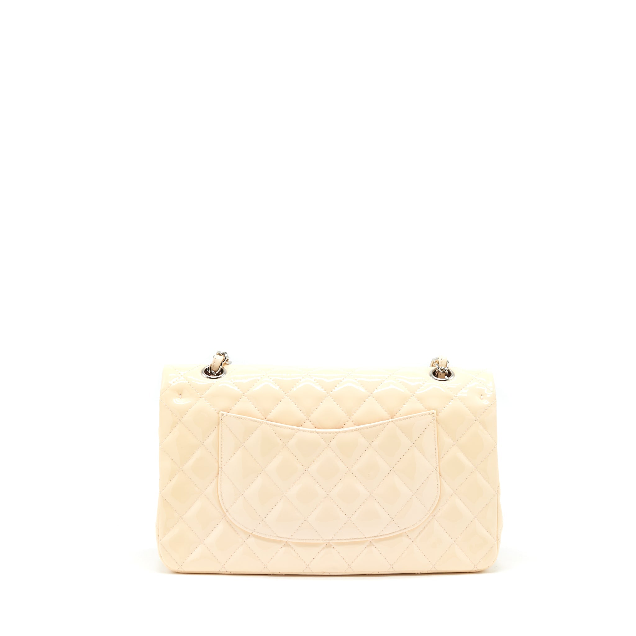 CHANEL PATENT LEATHER MEDIUM CLASSIC DOUBLE FLAP BAG BEIGE SHW