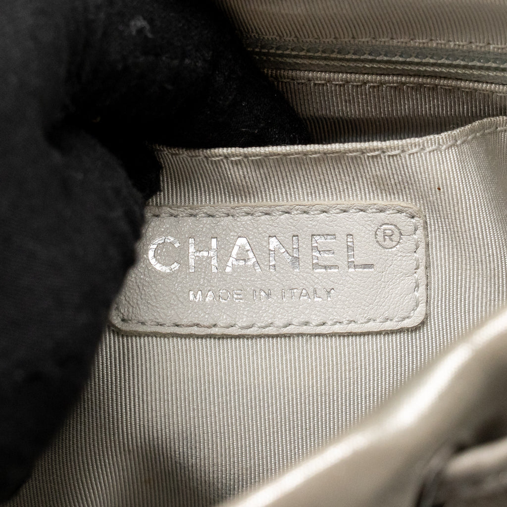 CHANEL SMALL URBAN SPIRIT BACKPACK CHEVRON CALFSKIN IRIDESCENT LIGHT GREY RUTHENIUM HARDWARE
