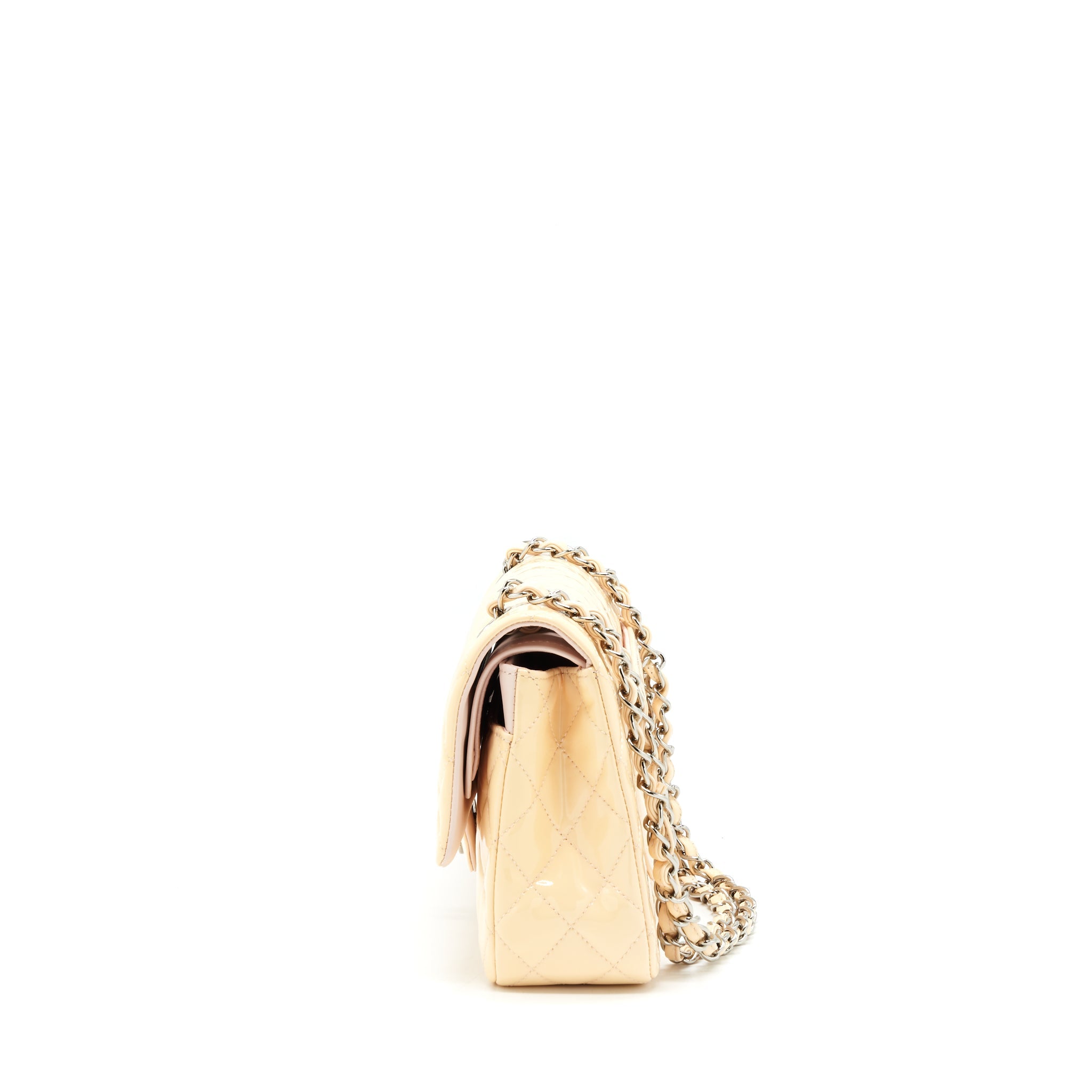 CHANEL PATENT LEATHER MEDIUM CLASSIC DOUBLE FLAP BAG BEIGE SHW