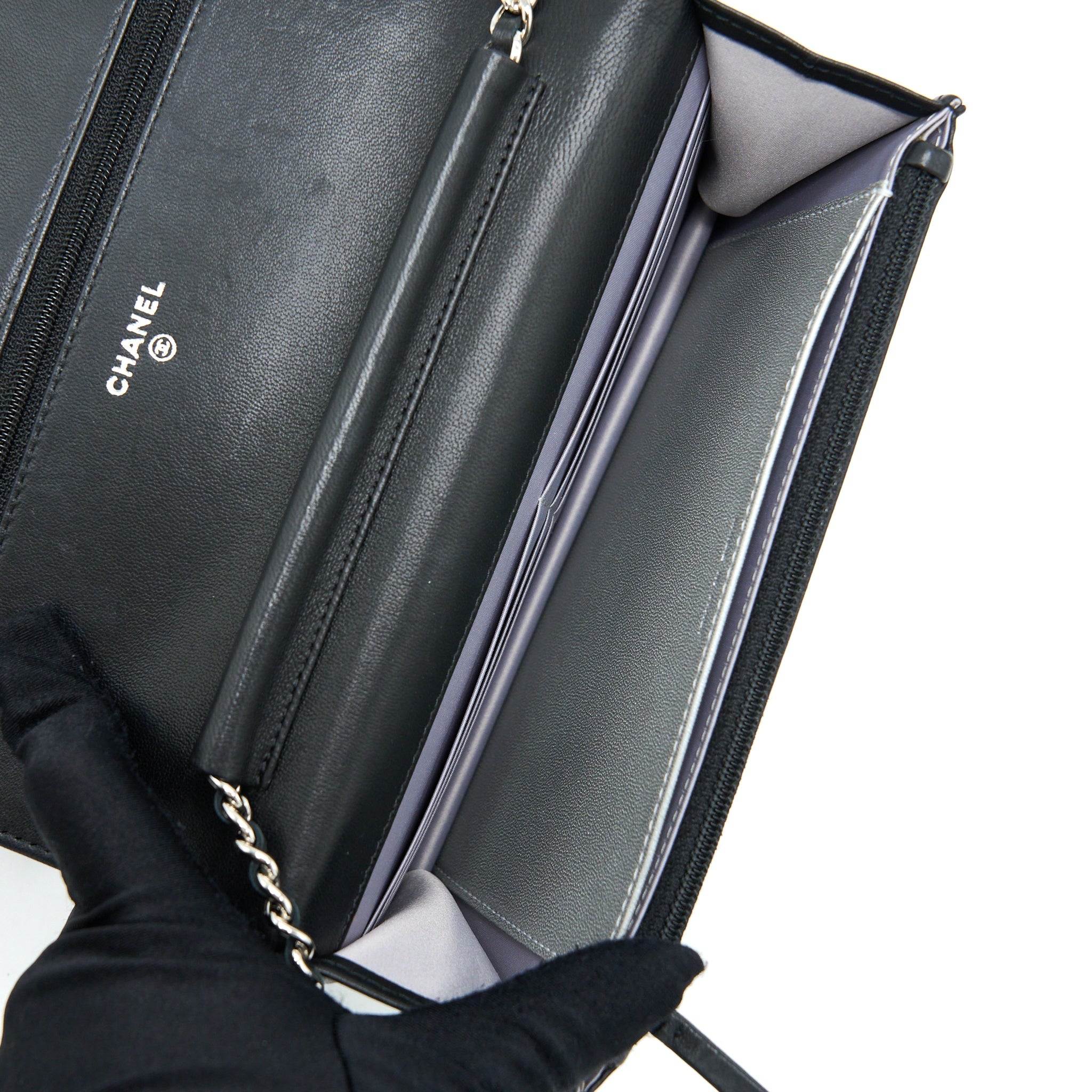 CHANEL CAMELLIA WALLET ON CHAIN LAMBSKIN BLACK SHW