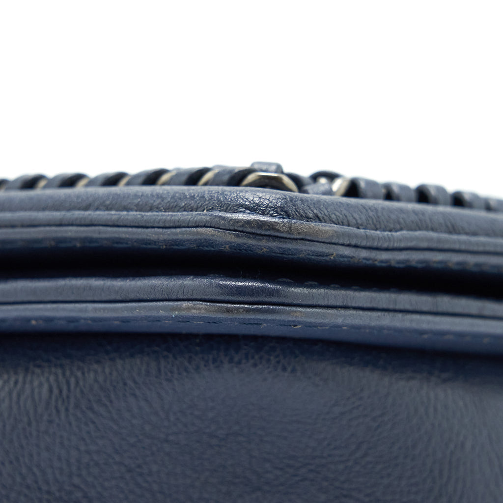 CHANEL BOY BAG WITH TOP HANDLE NAVY RUTHENIUM SLIVER HARDWARE