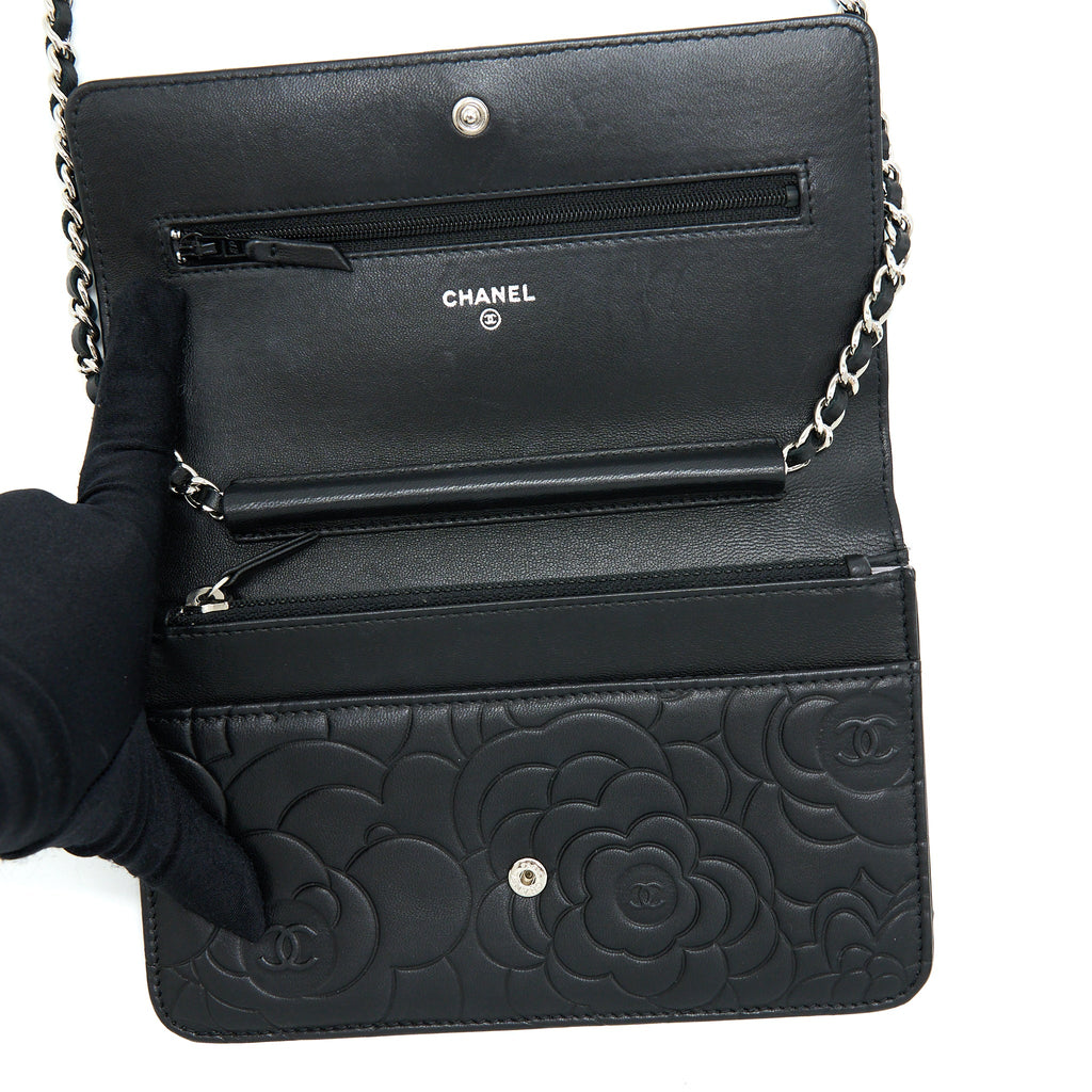 CHANEL CAMELLIA WALLET ON CHAIN LAMBSKIN BLACK SHW